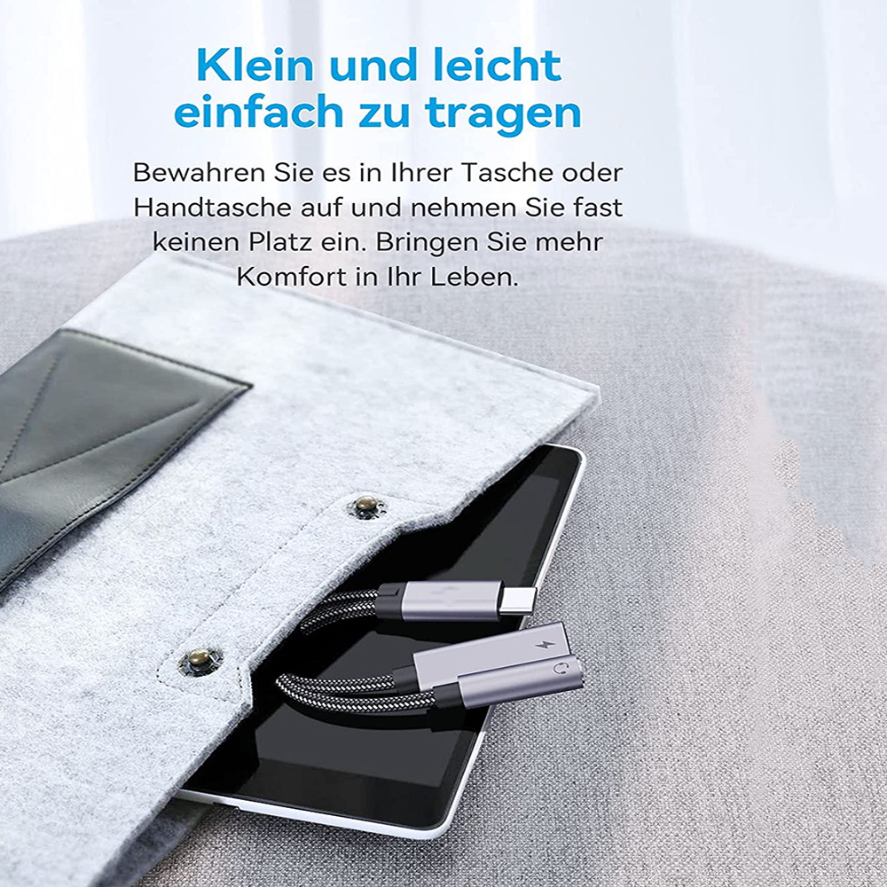 Tablet mit Ladegerät in einer grauen Hülle. Das Ladegerät hat einen USB-C- und einen Lightning-Anschluss. Text auf Deutsch.