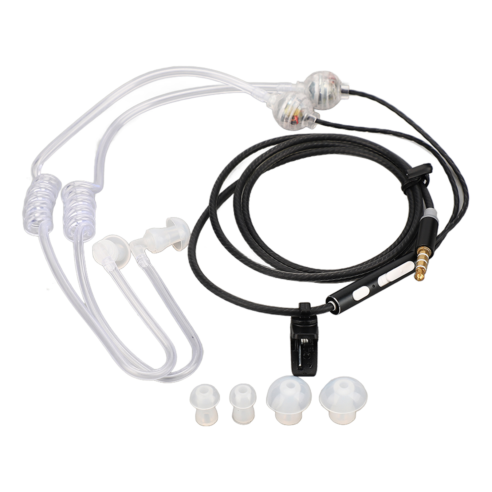 Klares Ohrhörer-Set mit schwarzem Kabel, Clip und mehreren Ohrstöpseln. Enthält 3,5-mm-Klinke und Inline-Bedienelemente.