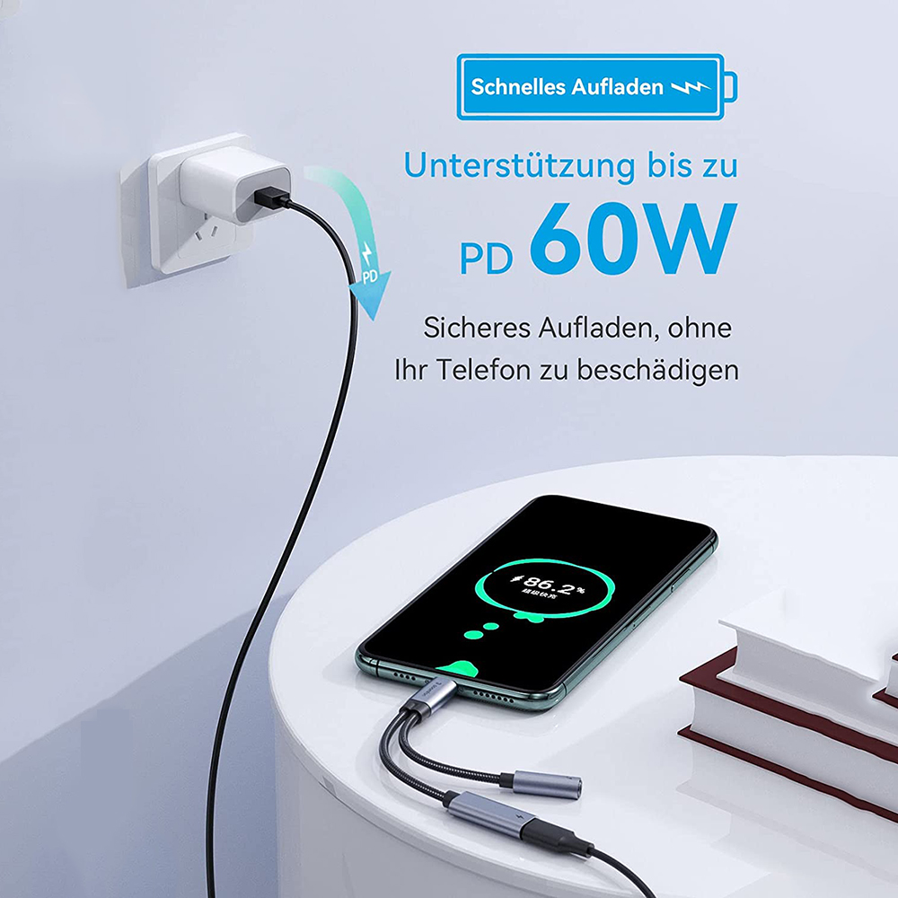 Telefon wird über Adapter und Kabel geladen. Der Bildschirm zeigt 86,2 % Ladung. Text zeigt Schnellladen bis zu 60W an.