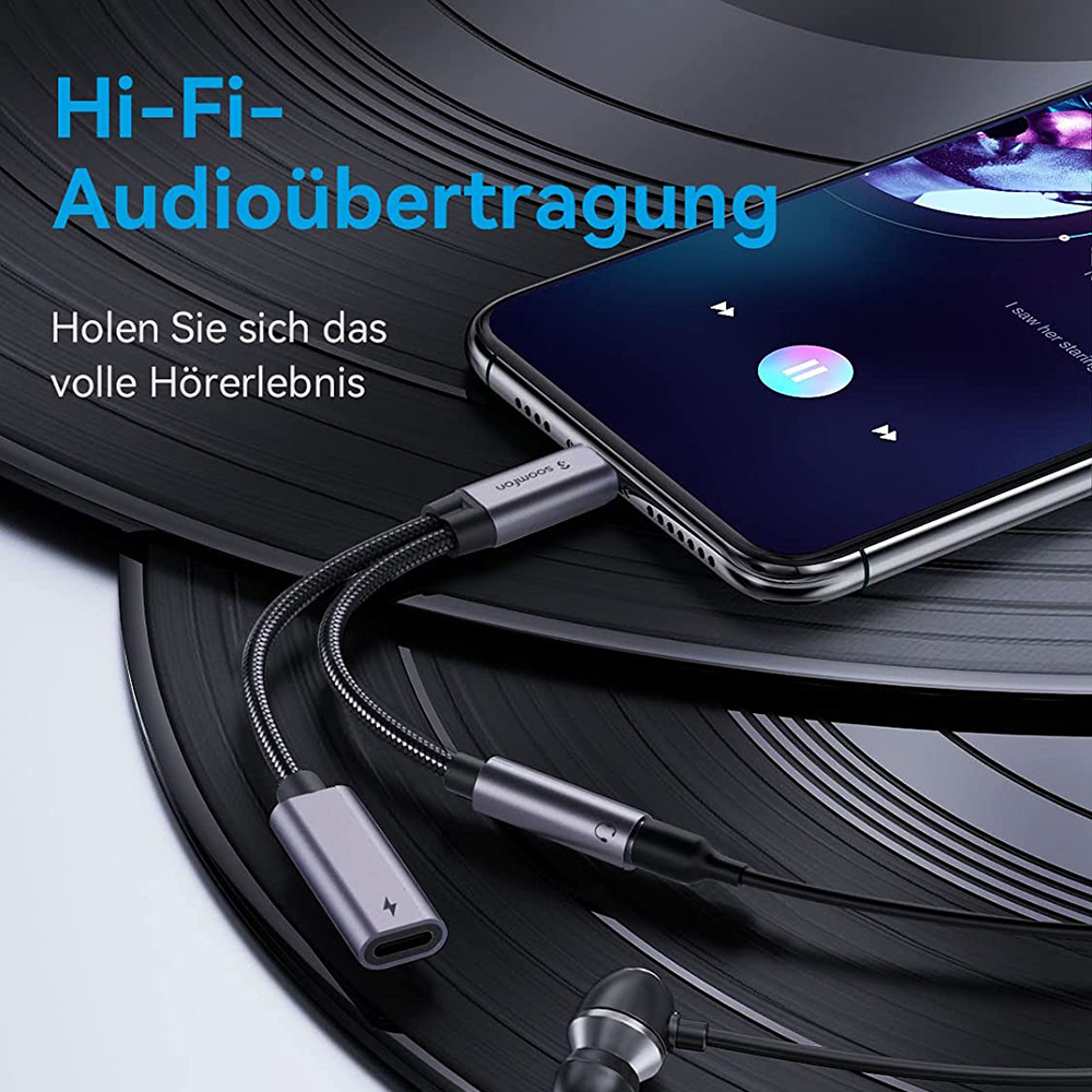 Ein Telefon ist mit einem Kabel verbunden, das zwei geteilte Enden hat, eines für Kopfhörer und eines zum Aufladen. Der Text lautet 'Hi-Fi Audioübertragung'.