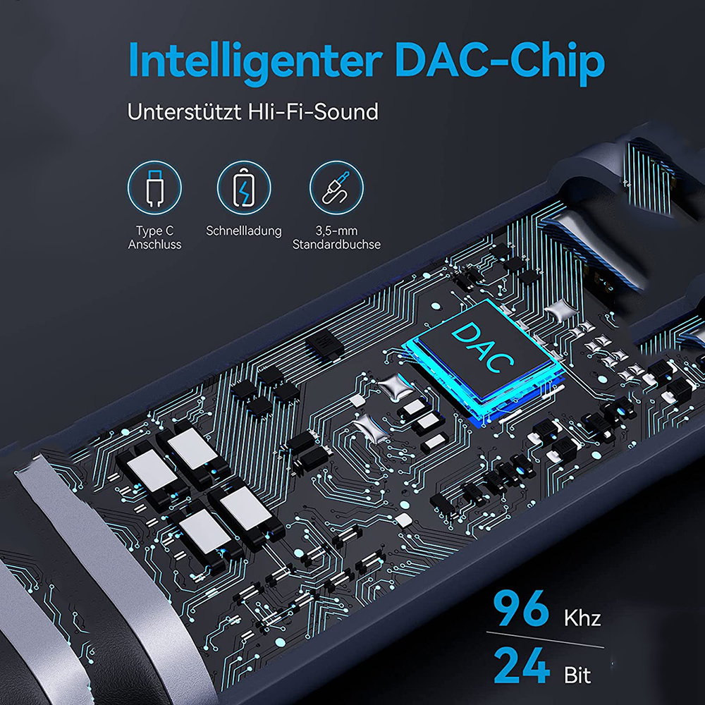 Das Bild zeigt eine Leiterplatte mit einem DAC-Chip, Text, der Hi-Fi-Sound-Unterstützung anzeigt, und Symbole für Typ C, Schnellladung und 3,5-mm-Buchse.