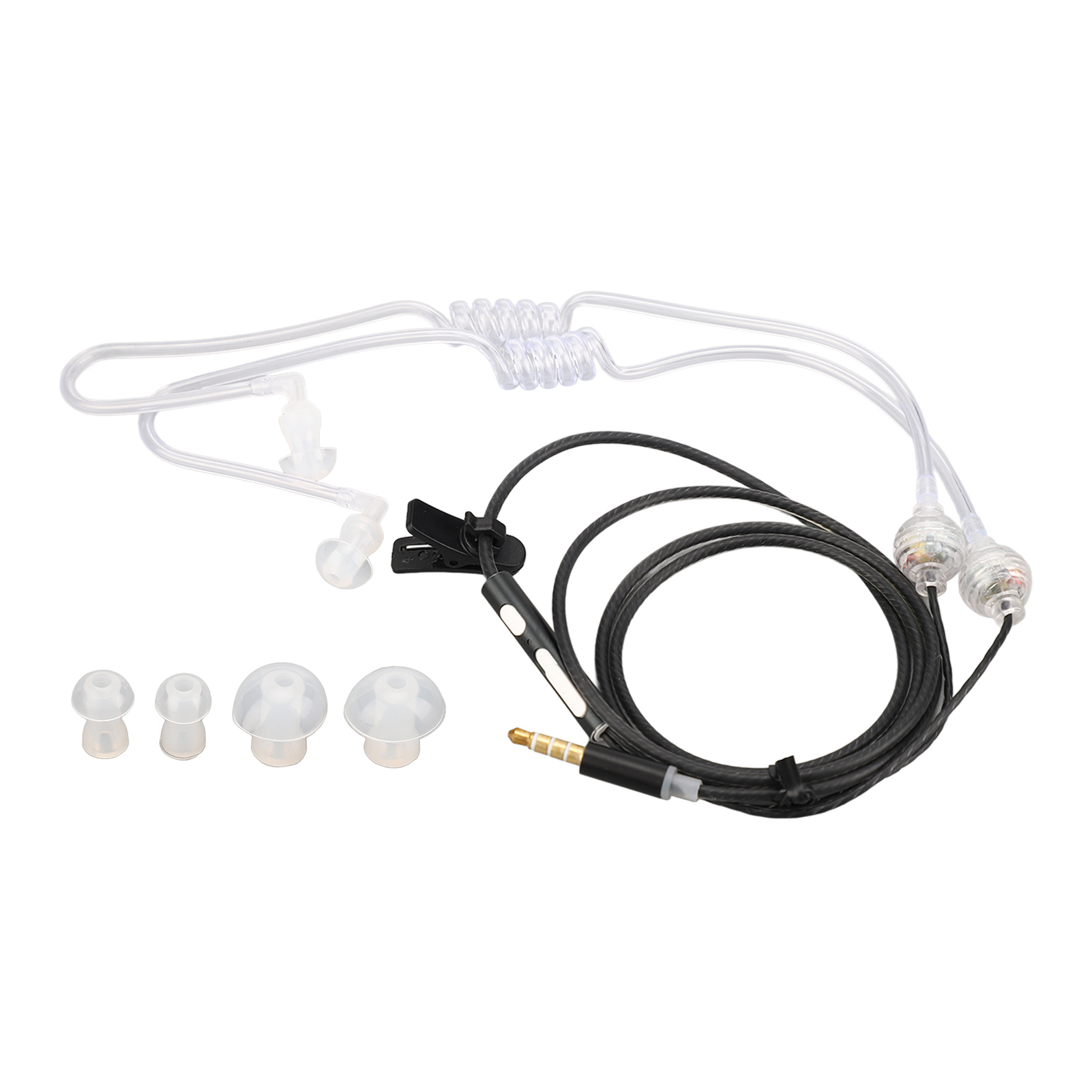 Kopfhörer-Set. Enthält klare Schläuche, schwarzes Kabel und vier unterschiedlich große Ohrstöpsel. Am Ende befindet sich ein goldfarbener Stecker.