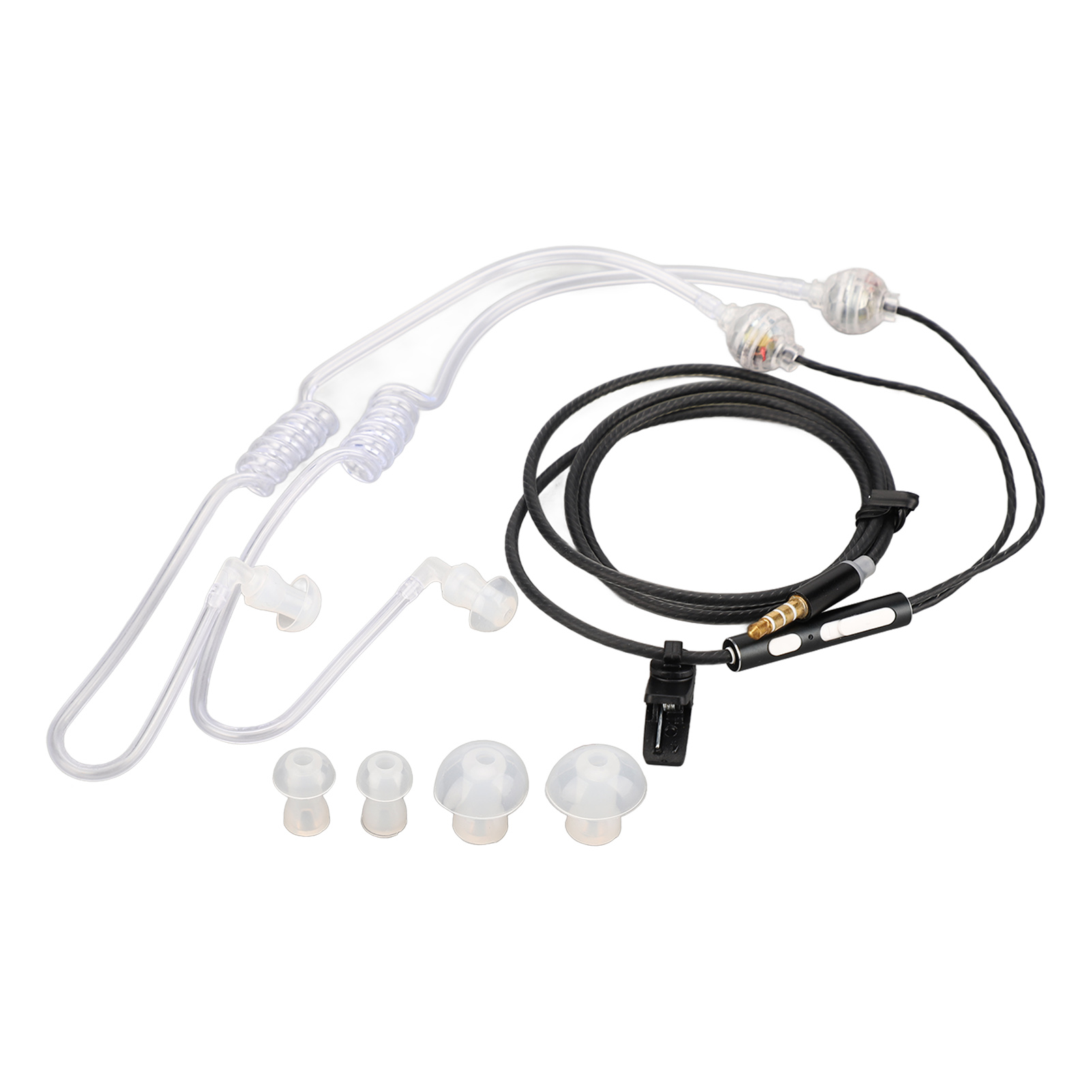 Ein Ohrhörer-Set mit klaren Schläuchen und schwarzen Drähten. Enthält Ohrstöpsel und ein Steuermodul mit Clip.