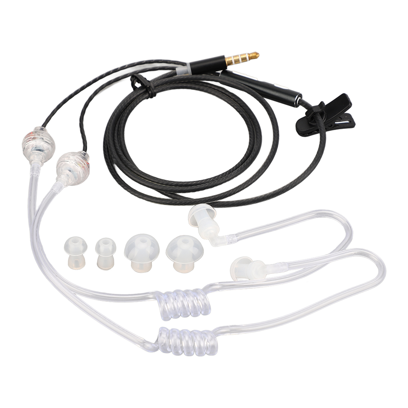 Schwarzes und klares Ohrhörer-Set. Enthält schwarzes Kabel, Clip, Ohrstöpsel und transparente Schläuche. Weißer Hintergrund.