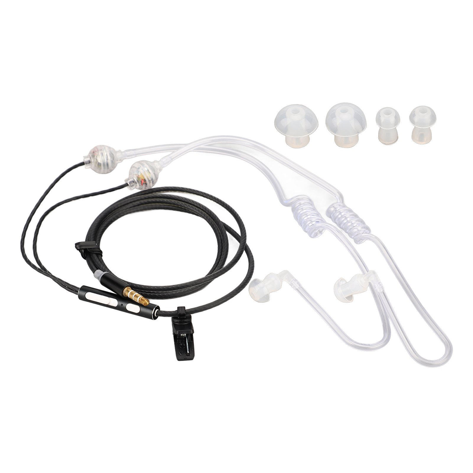 Ein Headset mit schwarzem Kabel, durchsichtigen Schläuchen und Ohrstöpseln sowie einem Clip. Verschiedene Ohrstöpselgrößen sind ebenfalls sichtbar.