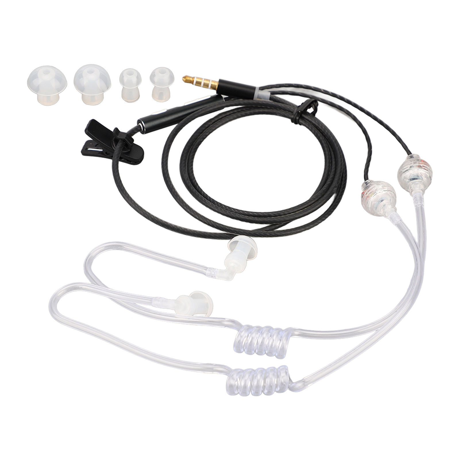 Ein In-Ear-Überwachungs-Ohrhörer. Er hat transparente Schläuche, schwarzes Kabel und mehrere Silikon-Ohrstöpsel. Ein 3,5-mm-Klinkenstecker ist vorhanden.