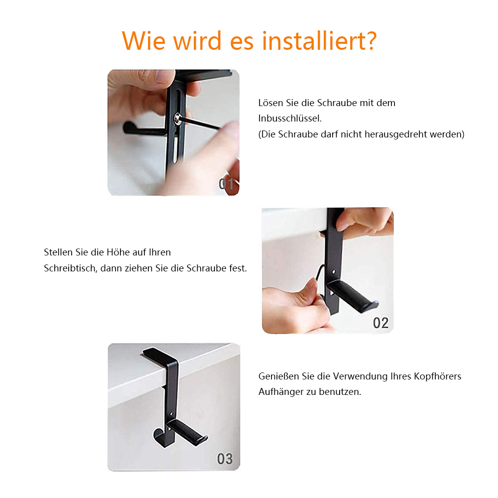 Anweisungen zeigen, wie man einen schwarzen Kopfhörerhalter am Schreibtisch installiert. Schritte umfassen Schrauben, Höhenverstellung und Nutzung.