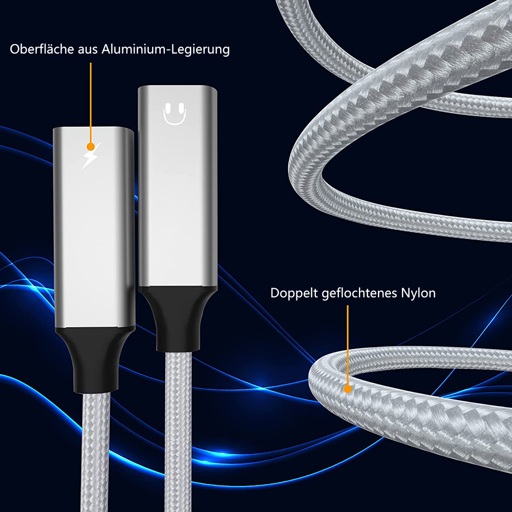 Zwei silberne USB-C-Anschlüsse mit geflochtenem Kabel. Das Bild zeigt die Aluminiumlegierungsoberfläche und doppelt geflochtenes Nylon.