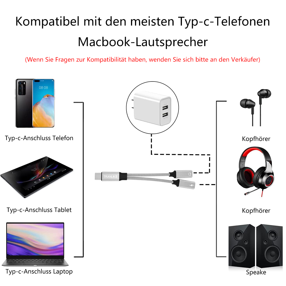 Diagramm mit Geräten: Telefon, Tablet, Laptop, Kopfhörer und Lautsprecher. Verbunden über USB-C und Adapter. Text auf Deutsch.