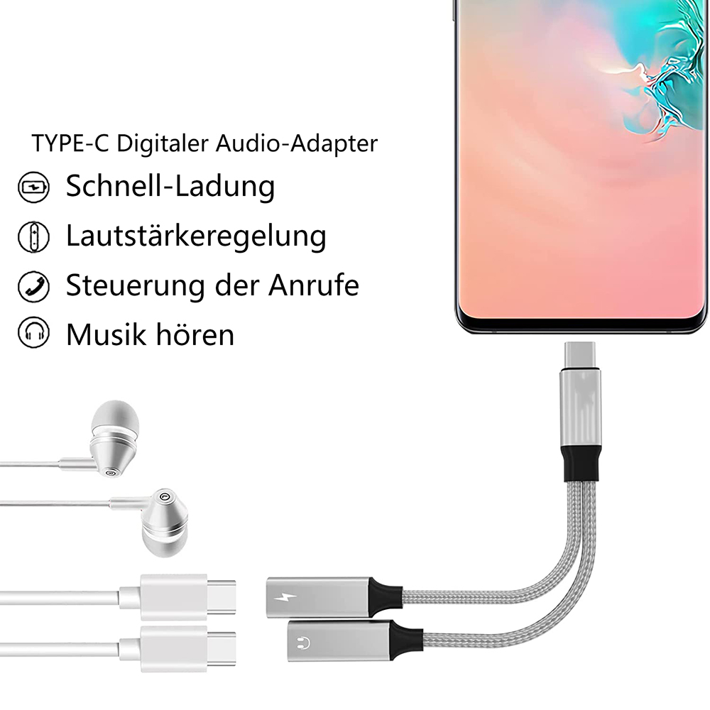 Ein Adapter verbindet sich mit einem Telefon. Kopfhörer und Ladekabel sind vorhanden. Text zeigt Funktionen wie Schnellladen und Lautstärkeregelung.