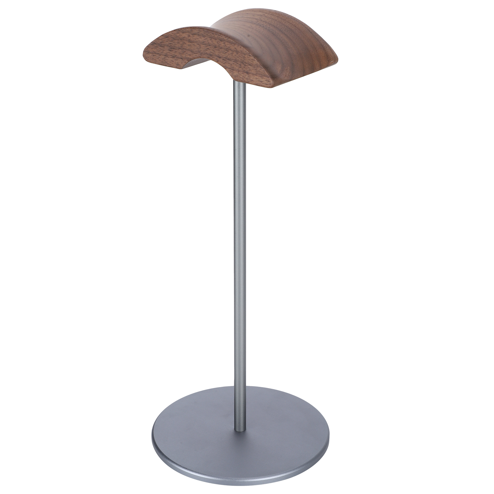 Ein Kopfhörerständer. Er hat eine Holzspitze, eine Metallstange und einen Sockel. Alles vor weißem Hintergrund.
