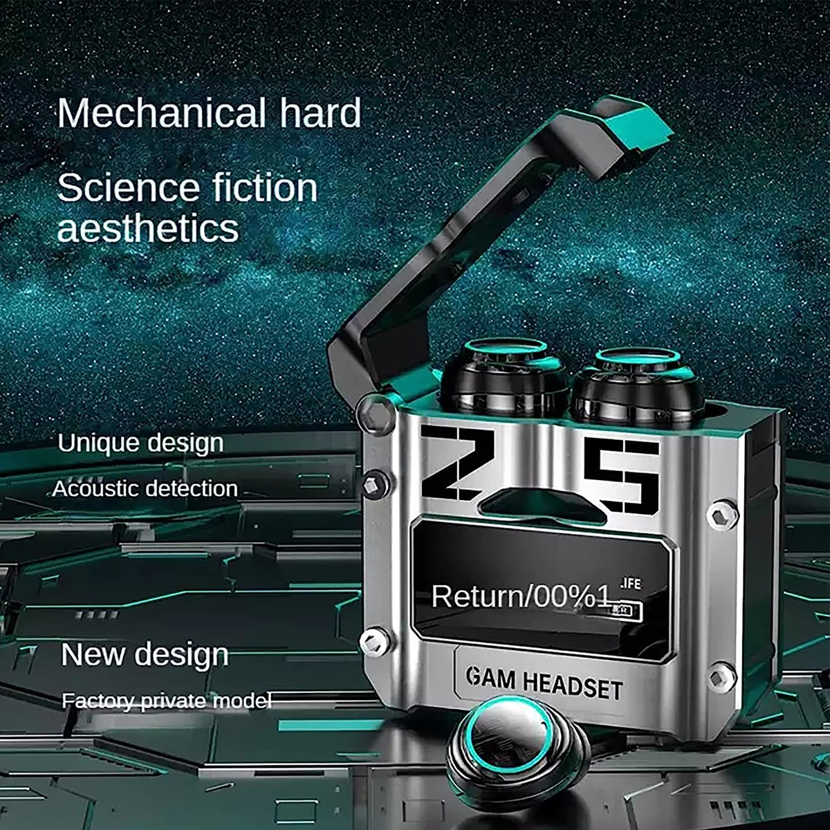 Kopfhörer in futuristischem Gehäuse. Metallisches Design mit Bildschirm. Der Hintergrund ist eine Sternennacht.