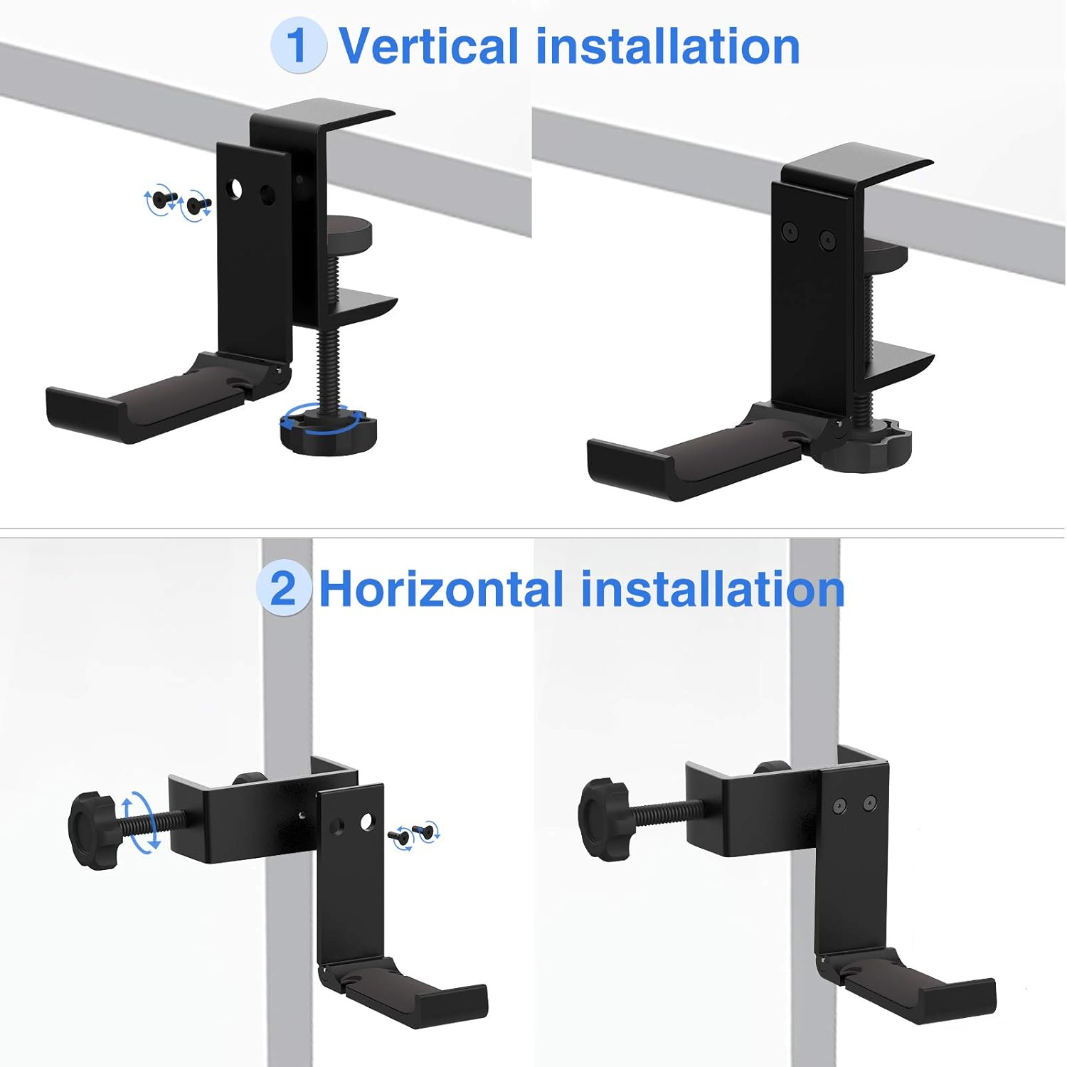 Schwarzer Kopfhörerhalter, vertikale und horizontale Installationen, mit Schrauben gezeigt und mit 1 und 2 gekennzeichnet. Anweisungen werden bereitgestellt.