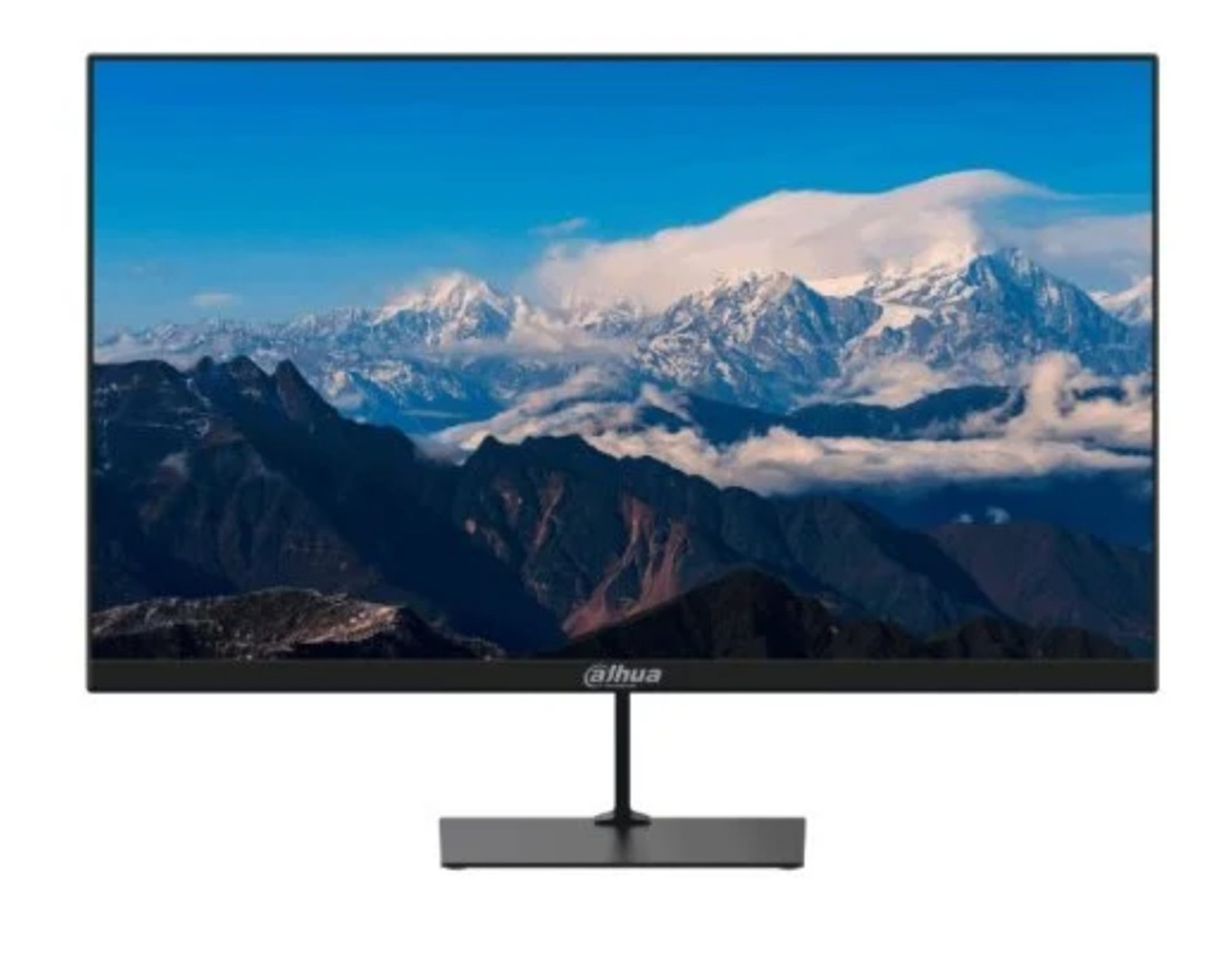 El monitor muestra una cordillera bajo un cielo azul. Se ven picos nevados y un terreno oscuro y accidentado.