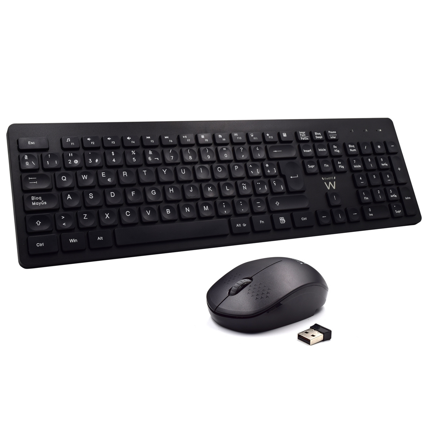 Juego de teclado y ratón inalámbricos negros. El teclado tiene teclas y un teclado numérico. También hay un ratón y un receptor USB.