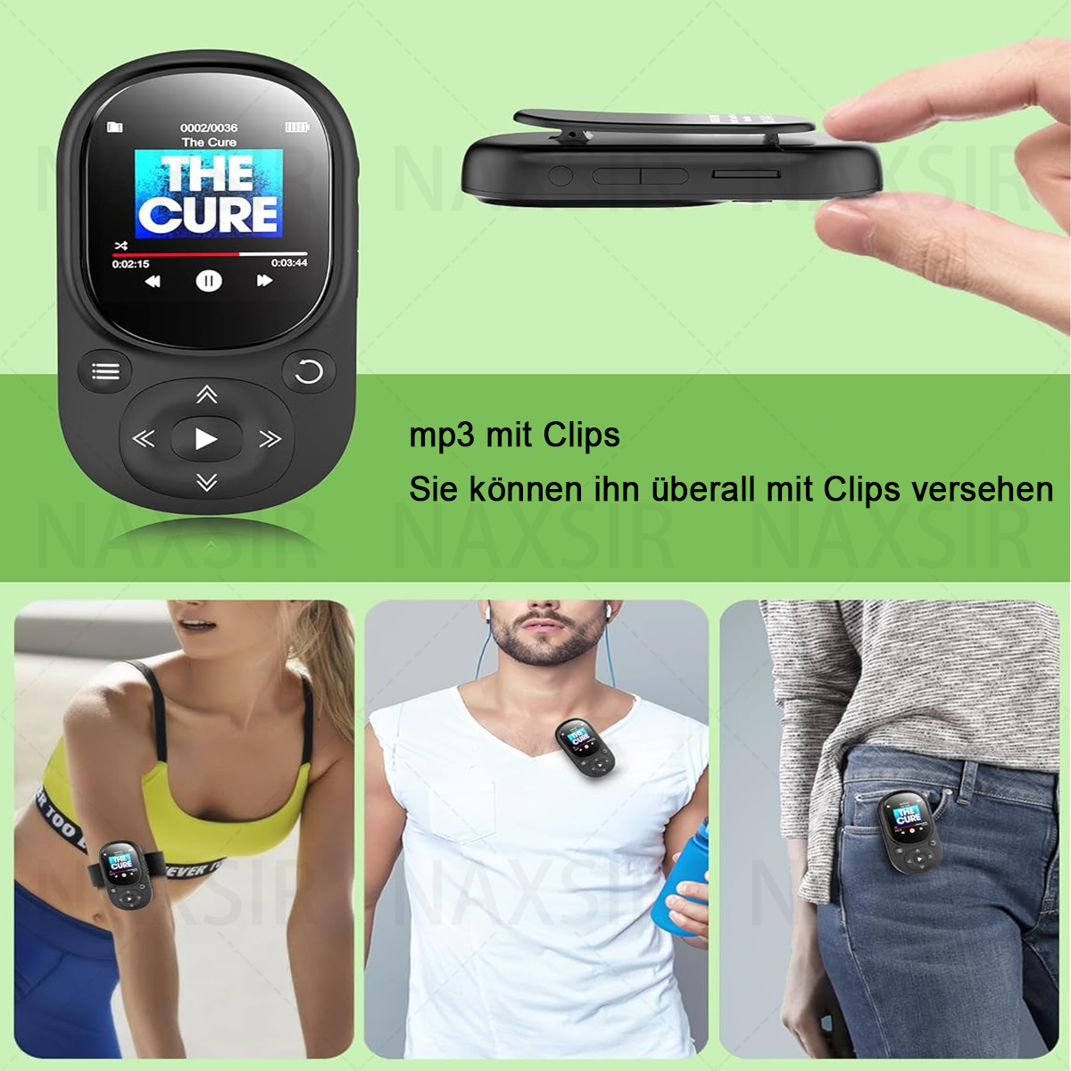 Schwarzer MP3-Player mit Bildschirm, auf dem 'The Cure' angezeigt wird. Auch geclipst und an Personen: am Handgelenk, Hemd und Tasche.