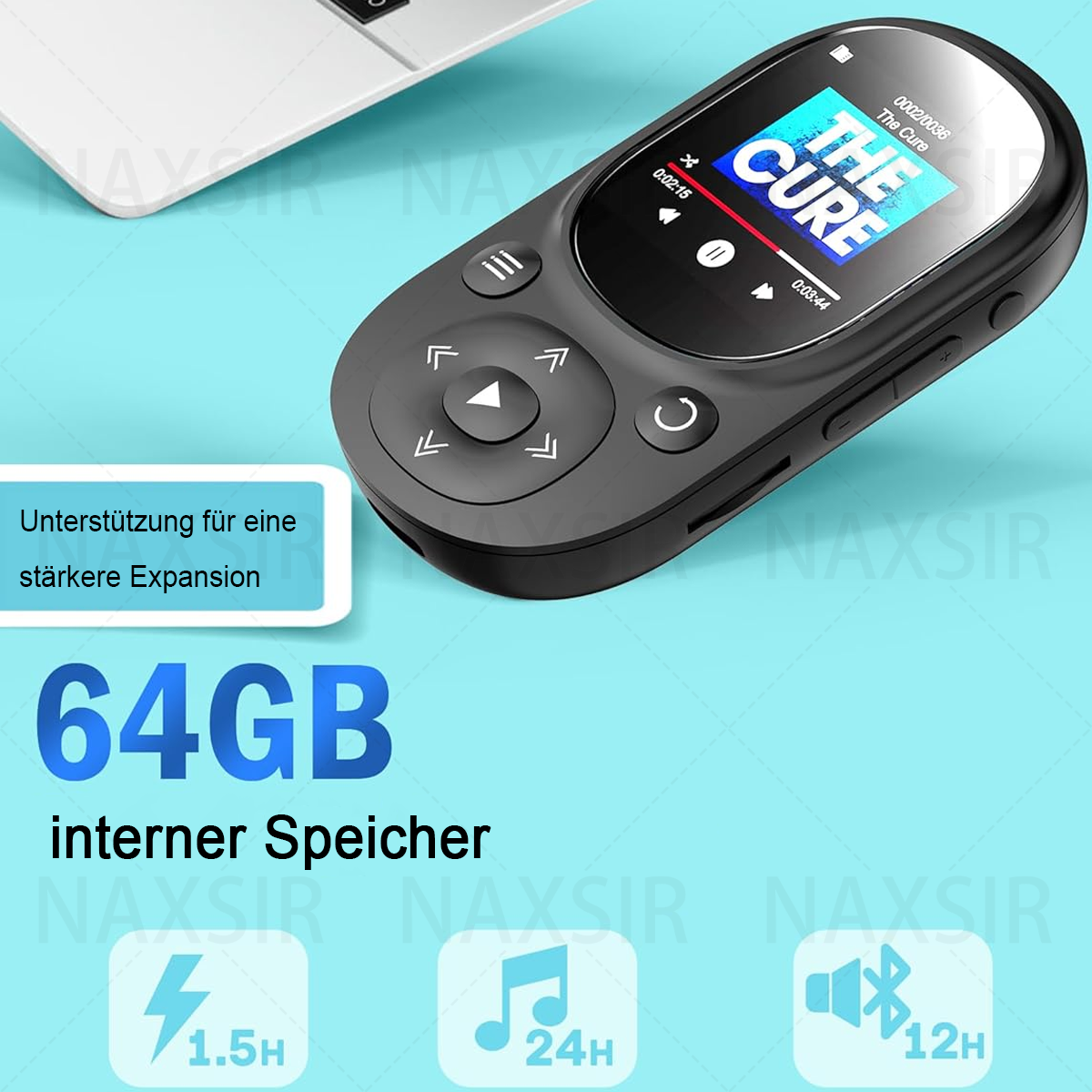 Ein schwarzer Musikplayer mit Bildschirm, auf dem das Logo von The Cure zu sehen ist. Er hat mehrere Tasten. Text: 64GB interner Speicher.