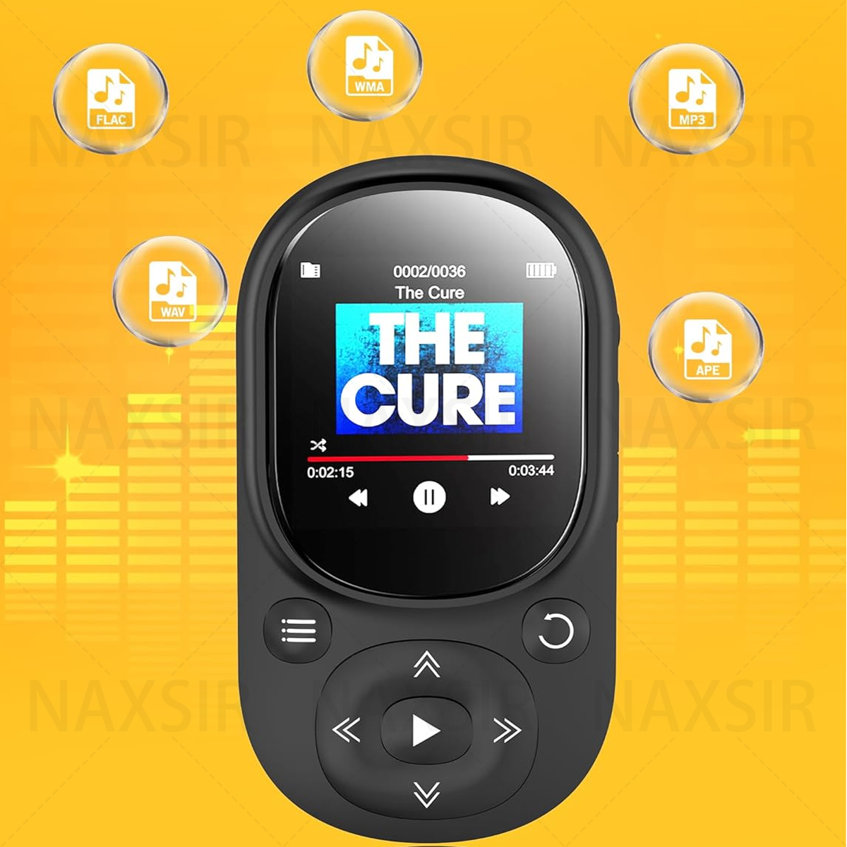 Schwarzer MP3-Player mit Bildschirm, der 'The Cure' anzeigt. Fünf Musikformat-Symbole umgeben den Player auf gelbem Hintergrund.