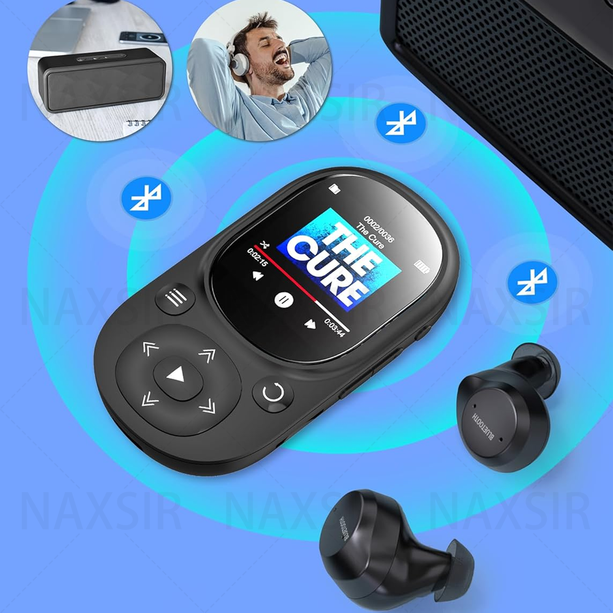 Ein schwarzer Musik-Player mit Bildschirm, Ohrhörern, einem Lautsprecher und einem Mann mit Kopfhörern. Bluetooth-Symbole sind vorhanden.