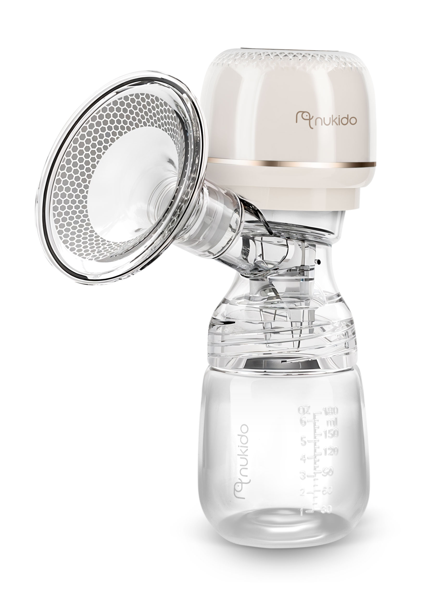 Elektryczna pompa do piersi, białe i przezroczyste tworzywo sztuczne. Dołączona butelka.