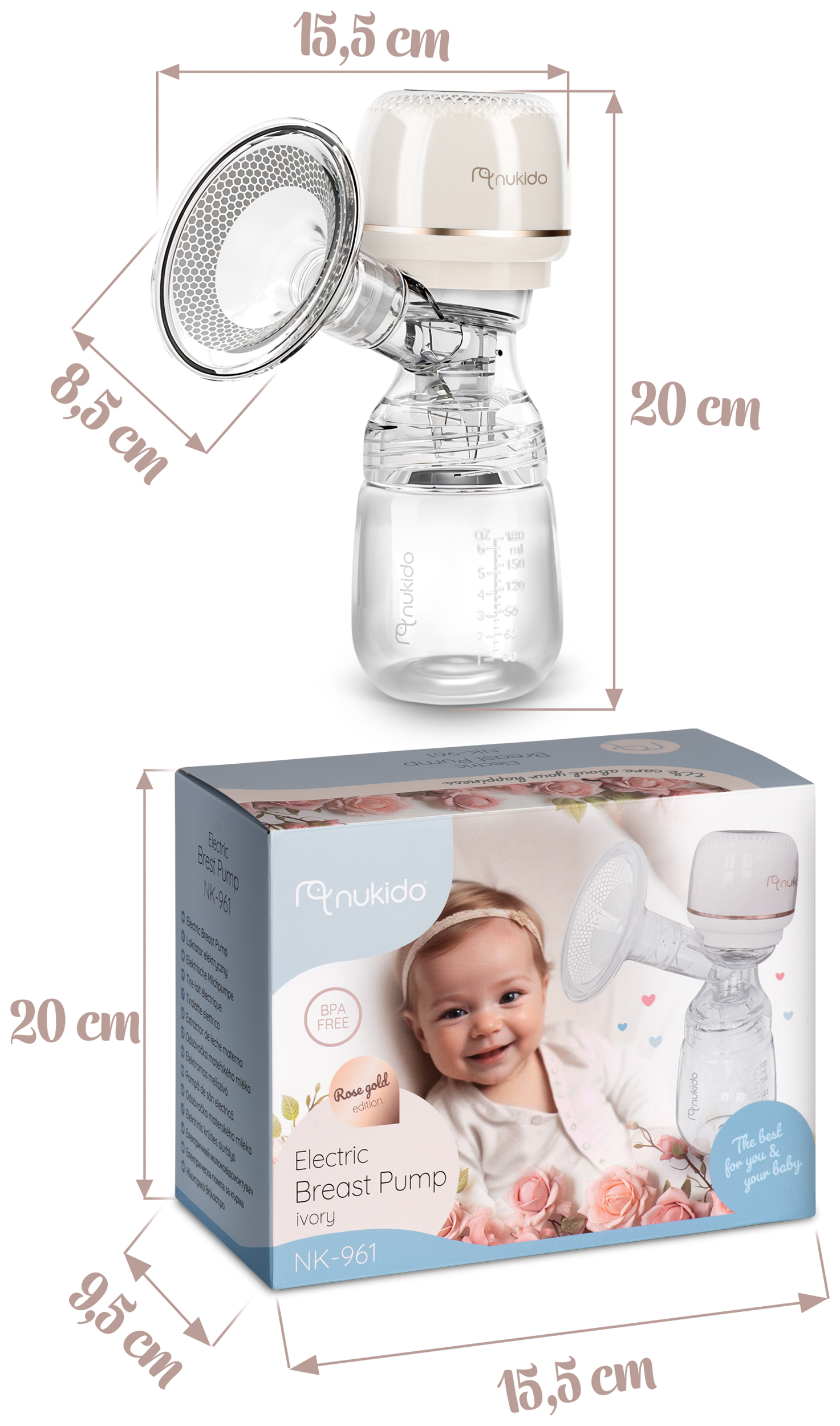 Laktator z wymiarami. Na pierwszym planie pudełko z twarzą dziecka i ilustracją pompy.