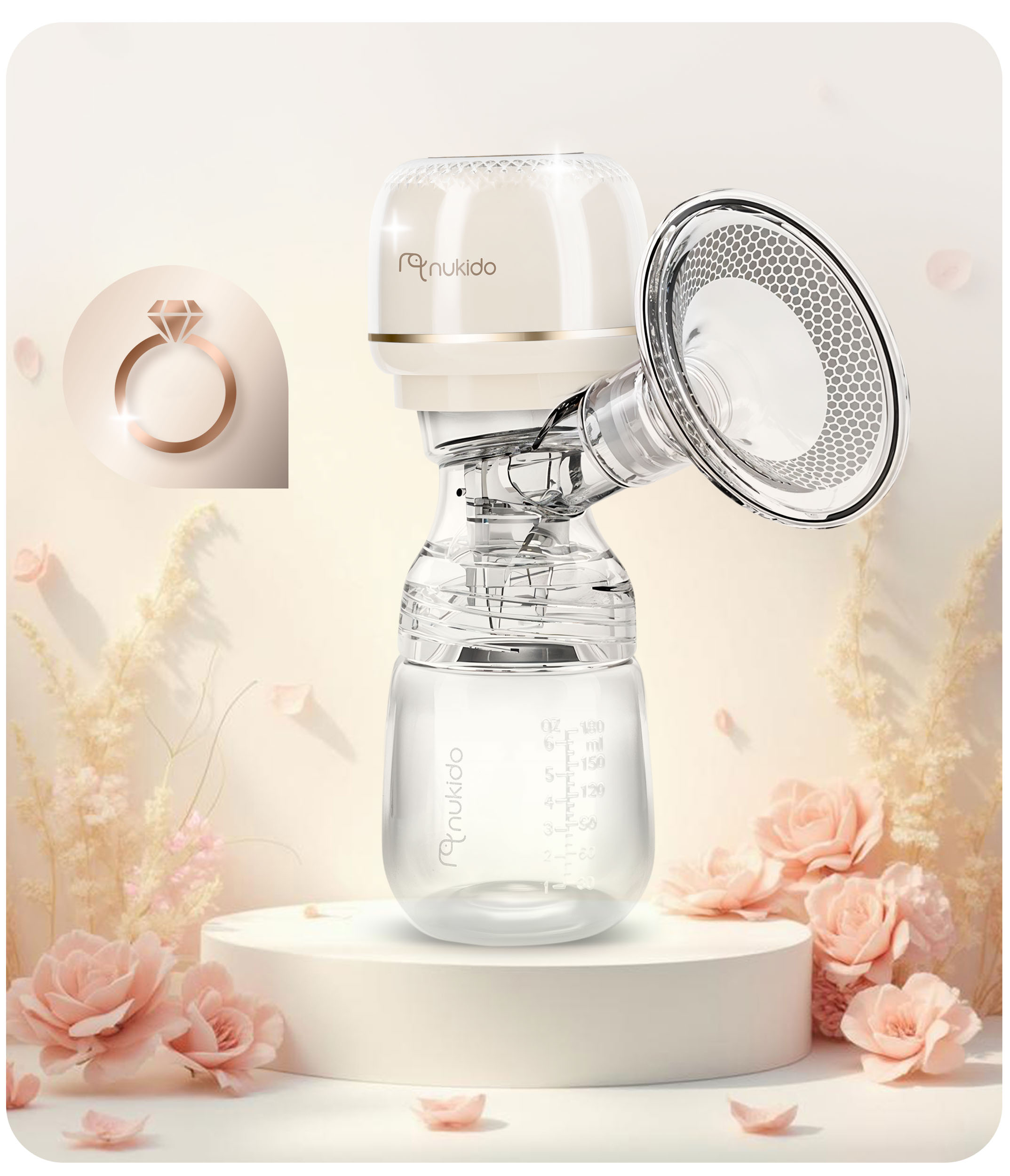 Laktator z butelką, kwiatami i ikoną pierścionka. Pompa jest beżowa i biała. Tło jest jasne z różowymi kwiatami.