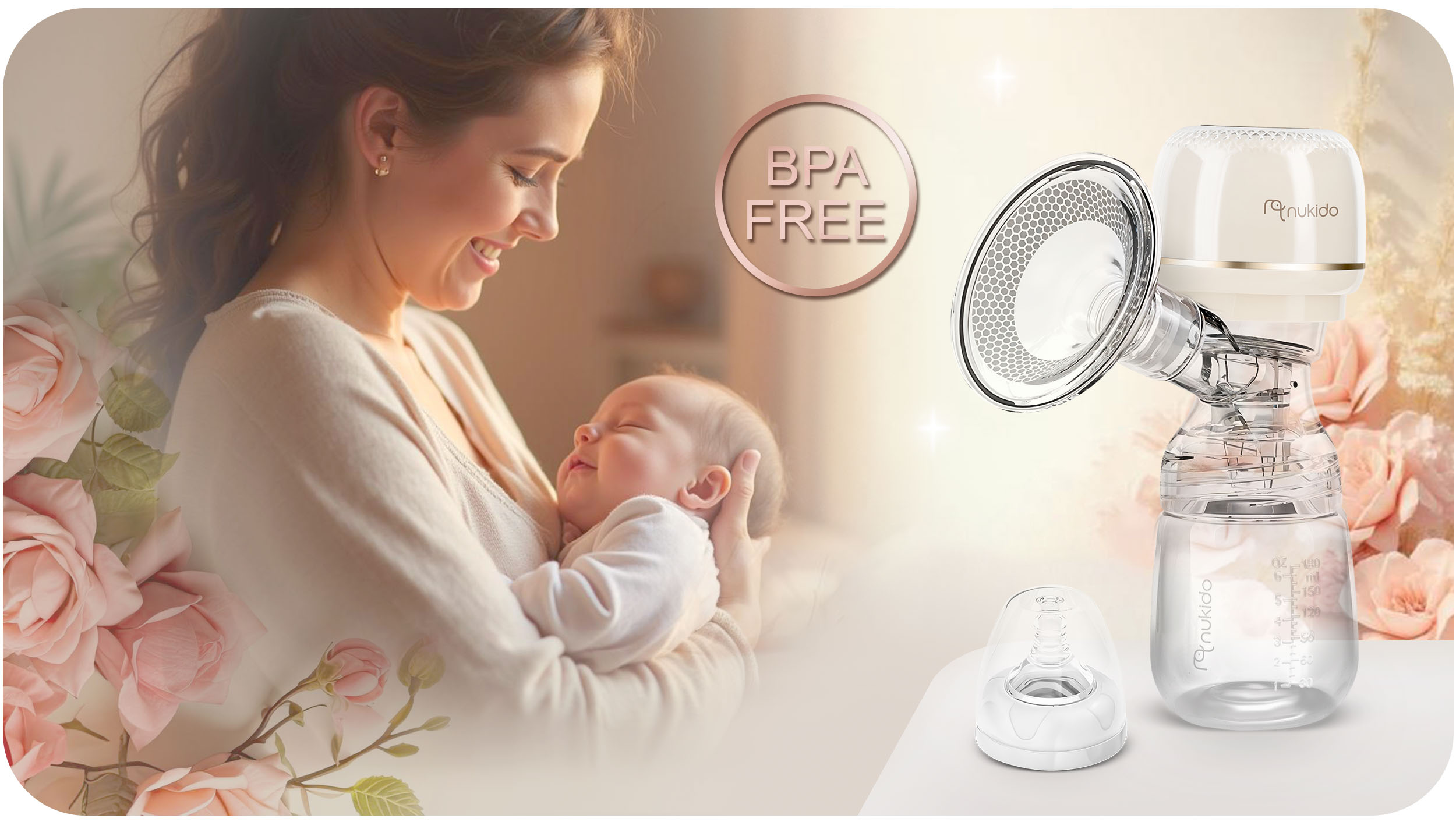 Matka trzyma dziecko, uśmiechając się. Po prawej stronie znajduje się laktator. Różowe kwiaty i odznaka wolna od BPA są na zdjęciu.