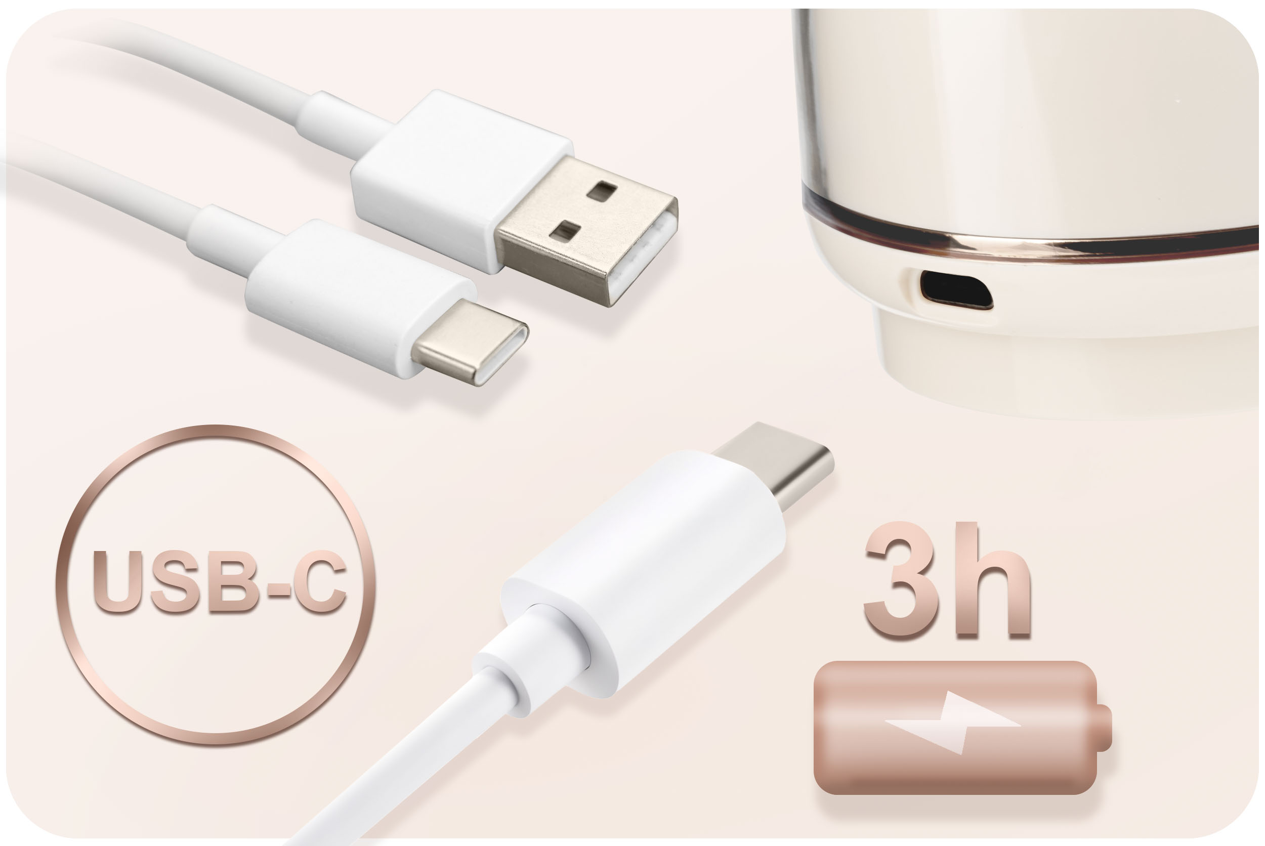 Obraz przedstawia białe kable USB, bazę ładującą i wskaźniki naładowania baterii. Tekst zawiera USB-C i 3h.