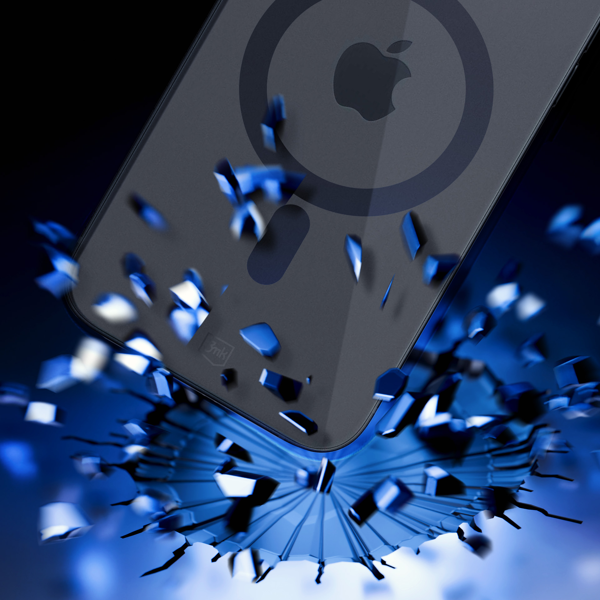 Etui na telefon z logo Apple rozpada się z niebieskimi odłamkami na niebieskim tle.