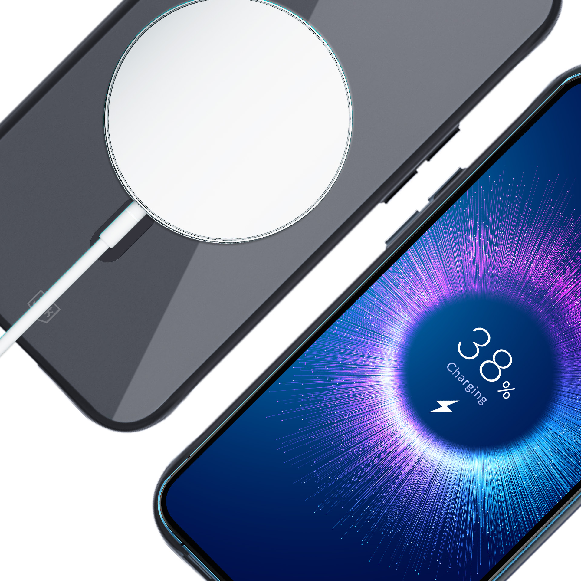 Dwa smartfony, jeden z kablem i podkładką ładującą. Telefon po prawej pokazuje 38% ładowania.