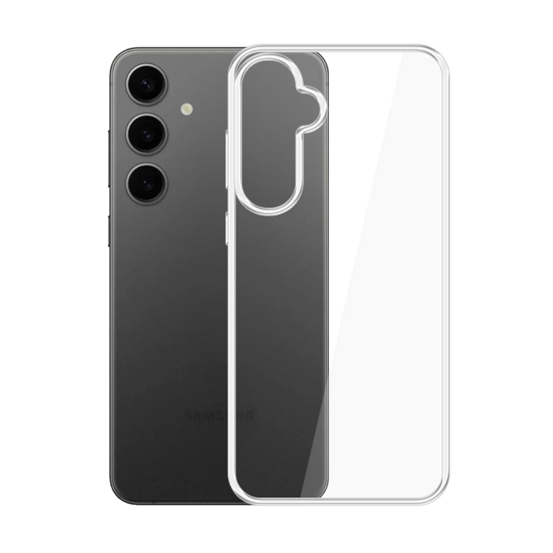 Uno smartphone grigio scuro con tre obiettivi e una custodia protettiva trasparente.