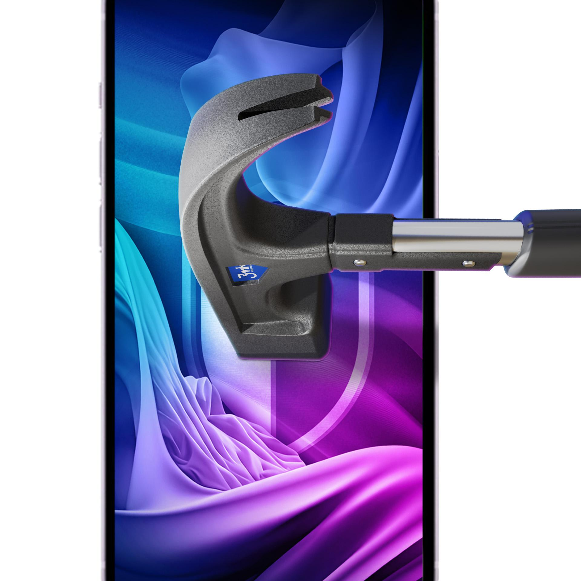 Ekran telefonu jest testowany młotkiem. Ekran wyświetla kolorowy abstrakcyjny wzór. Młotek jest szary i czarny.