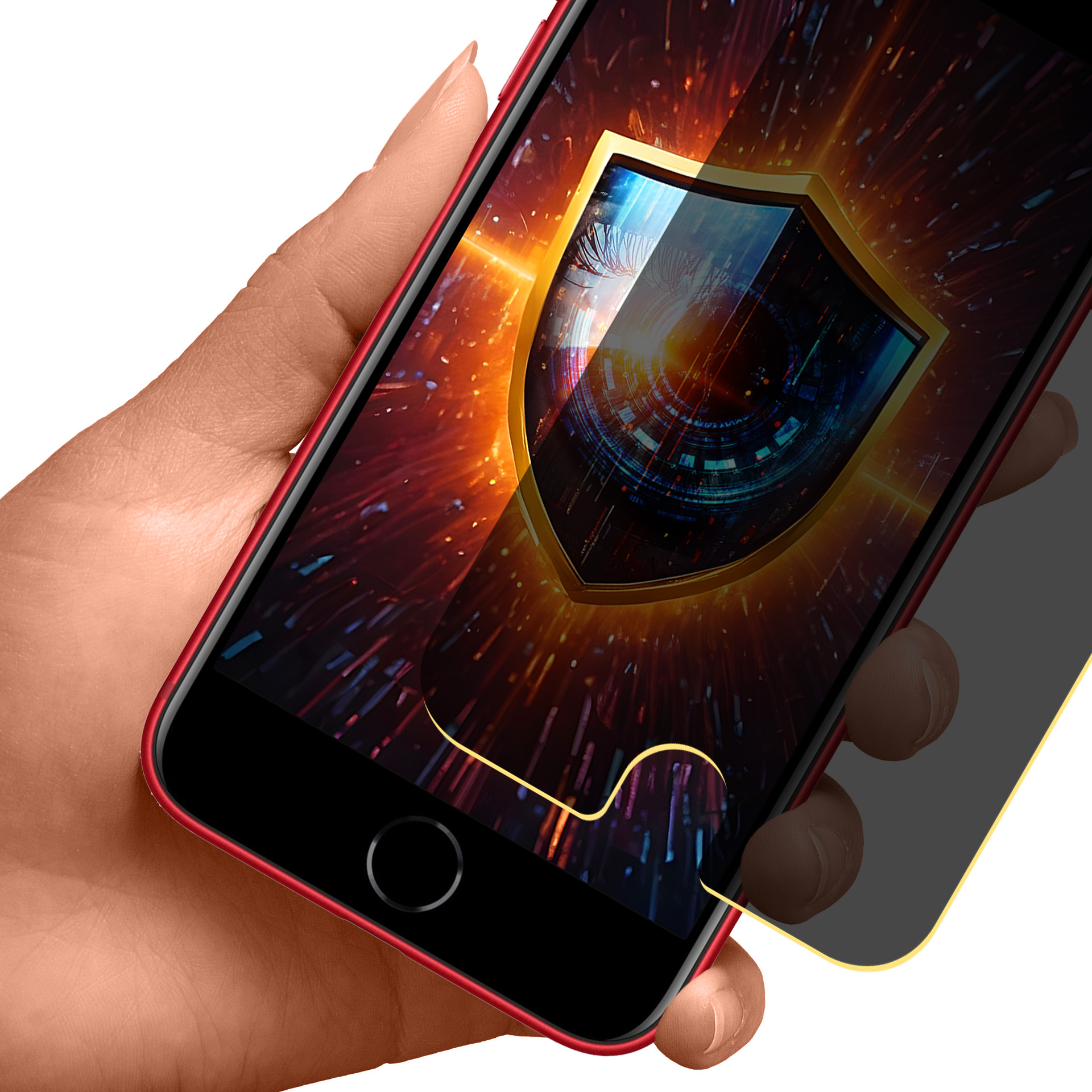 Mano che tiene un telefono rosso con grafica scudo dorato, sfondo scuro. Proteggi schermo parzialmente visibile.