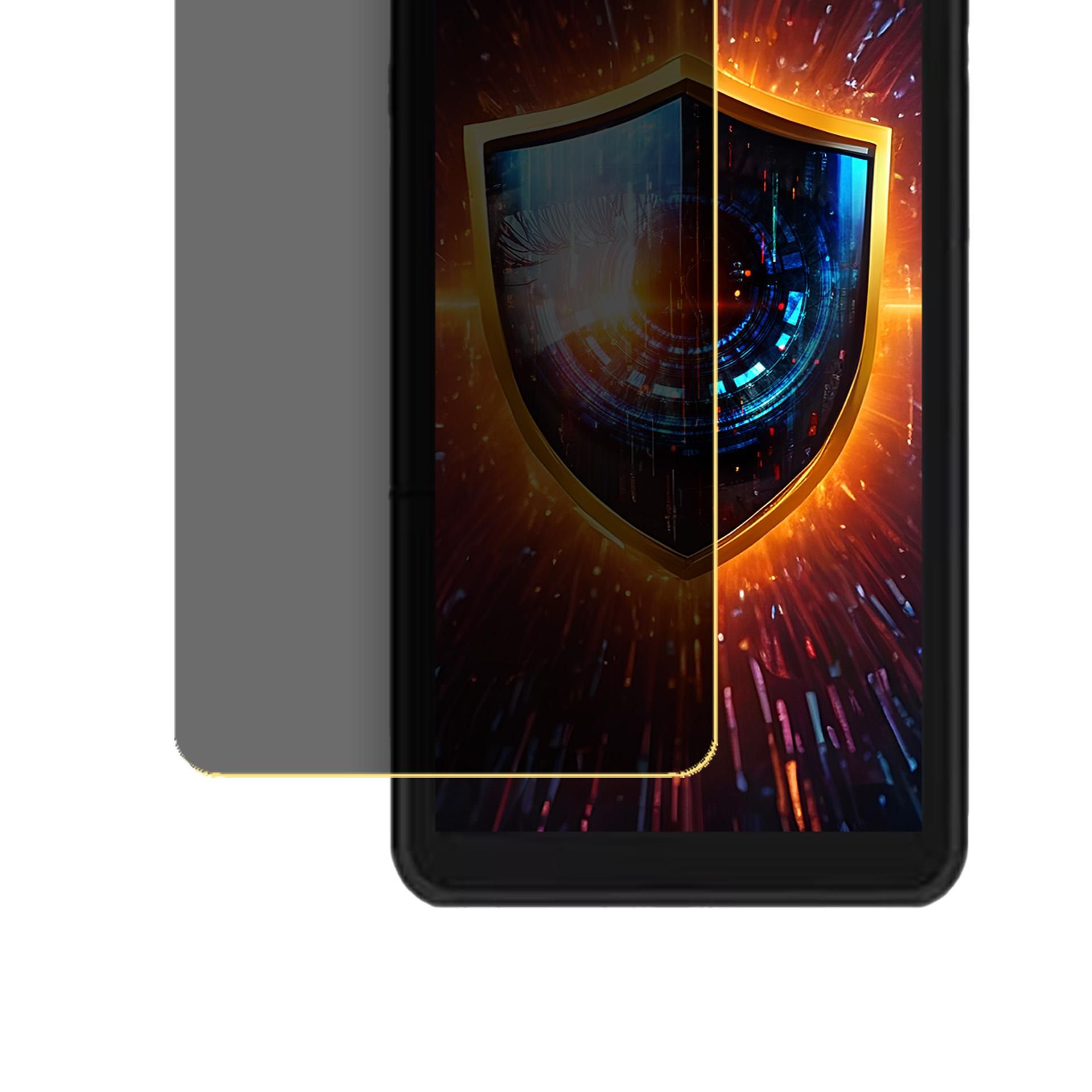 Ekran tabletu wyświetlający tarczę z okiem, otoczoną elementami cyfrowymi, z nakładką ekranu prywatności.