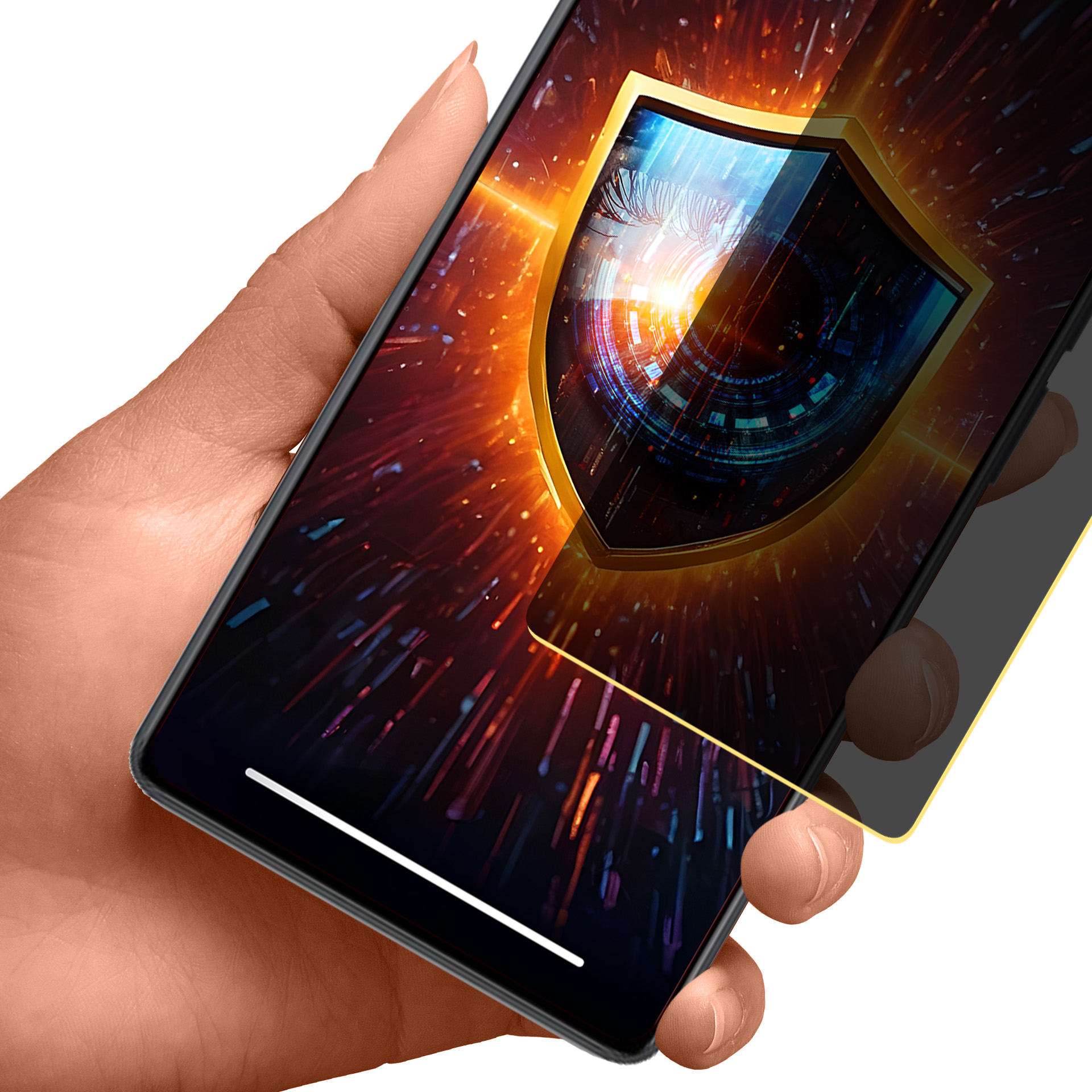 Mano che tiene uno smartphone con icona scudo sullo schermo. Sfondo arancione e blu vibrante. Concetto di protezione.