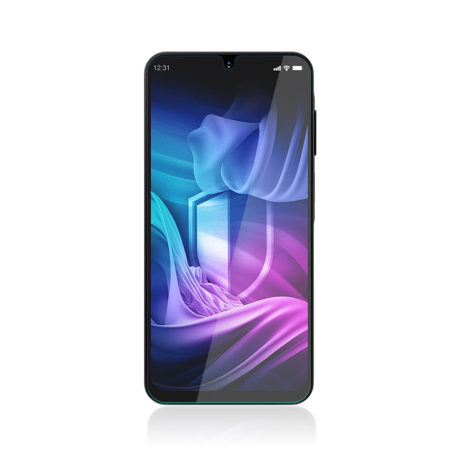 Lo smartphone mostra un'icona a scudo su uno sfondo sfumato. L'ora è 12:31. Il telefono è nero con sfondo bianco.