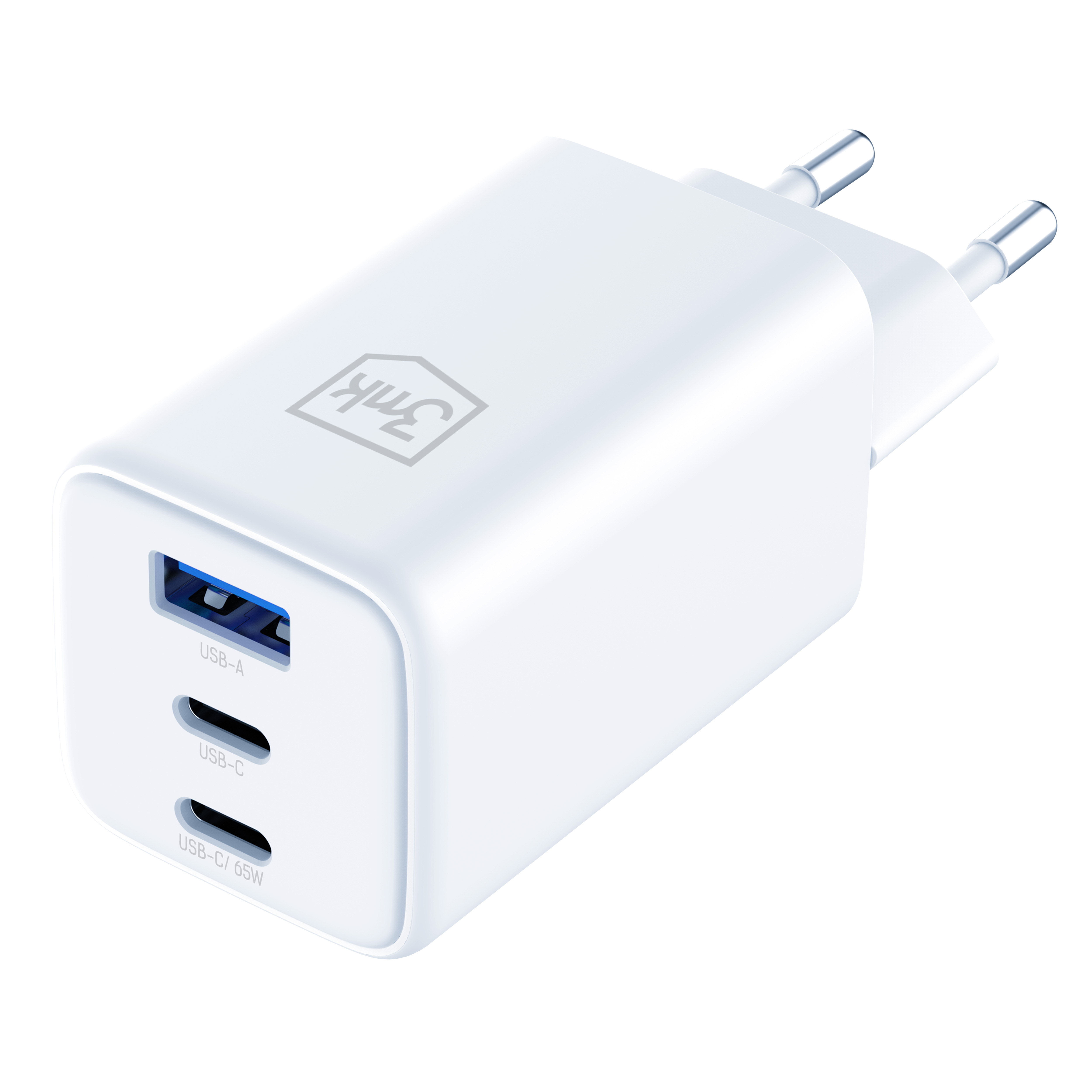 Biała ładowarka USB z dwoma portami: USB-A i USB-C. Posiada bolce do gniazdka i logo.