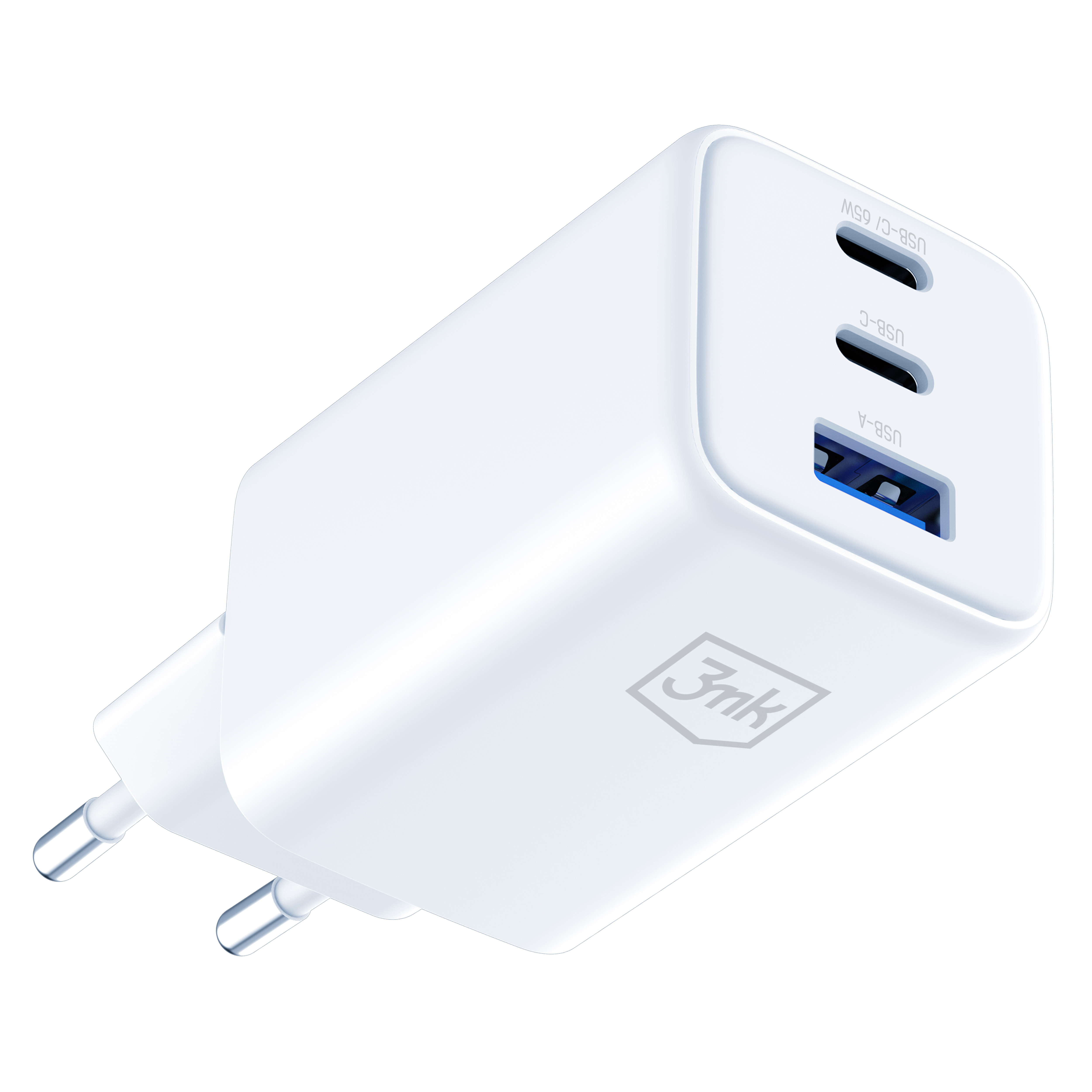 Biała ładowarka USB z trzema portami (USB-C i USB-A), wtyczką i logo 3mk.
