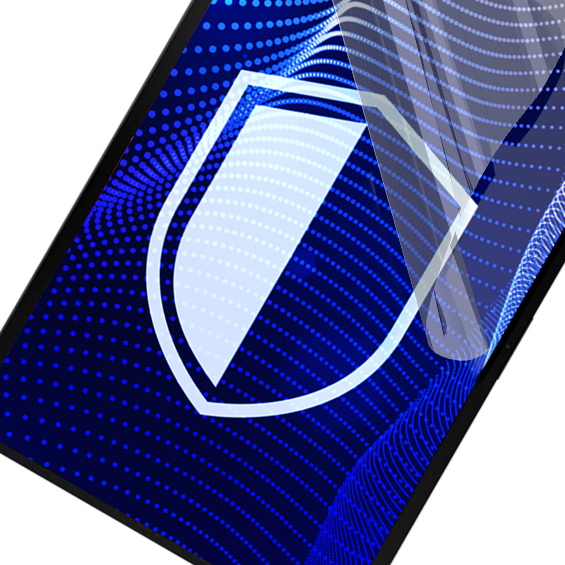 Smartfon wyświetlający ikonę tarczy. Tło jest niebieskie z białymi kropkami. Na ekranie znajduje się warstwa ochronna.