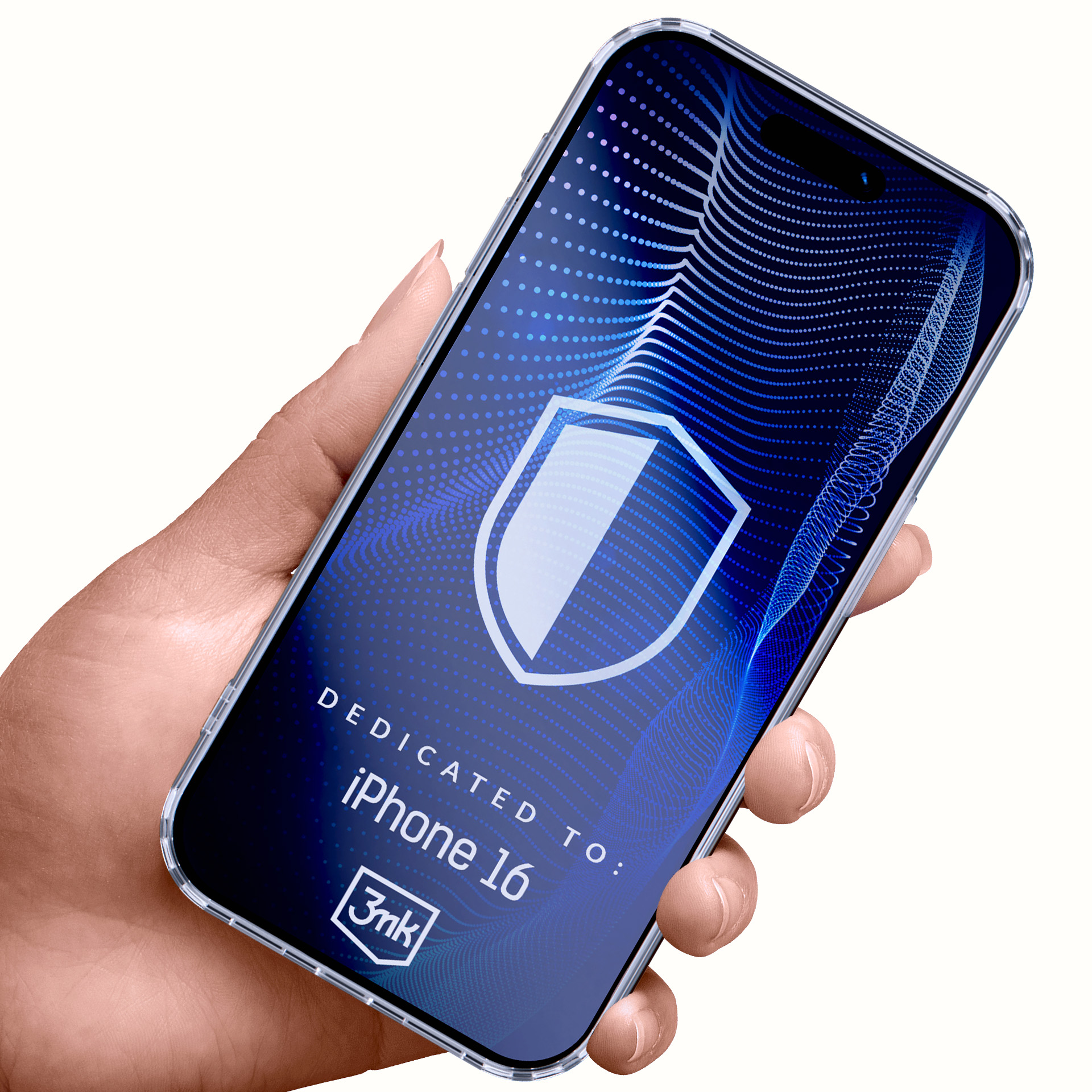 Ręka trzyma iPhone'a 16. Telefon ma etui. Ekran wyświetla logo tarczy i tekst 'Dedicated to iPhone 16'.
