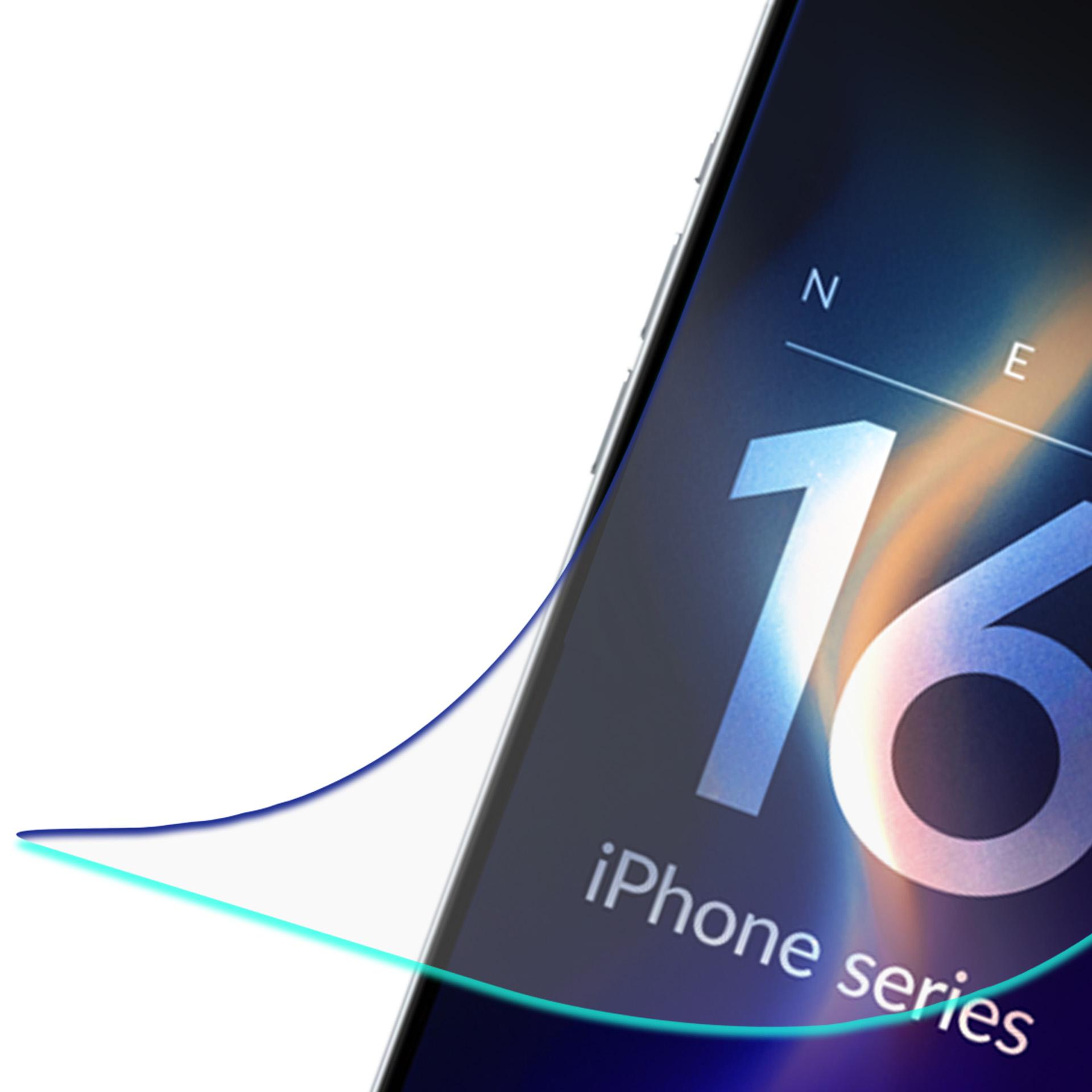 L'immagine mostra lo schermo di un telefono con un grande '16' e 'serie iPhone'. Una curva blu e turchese è in primo piano.