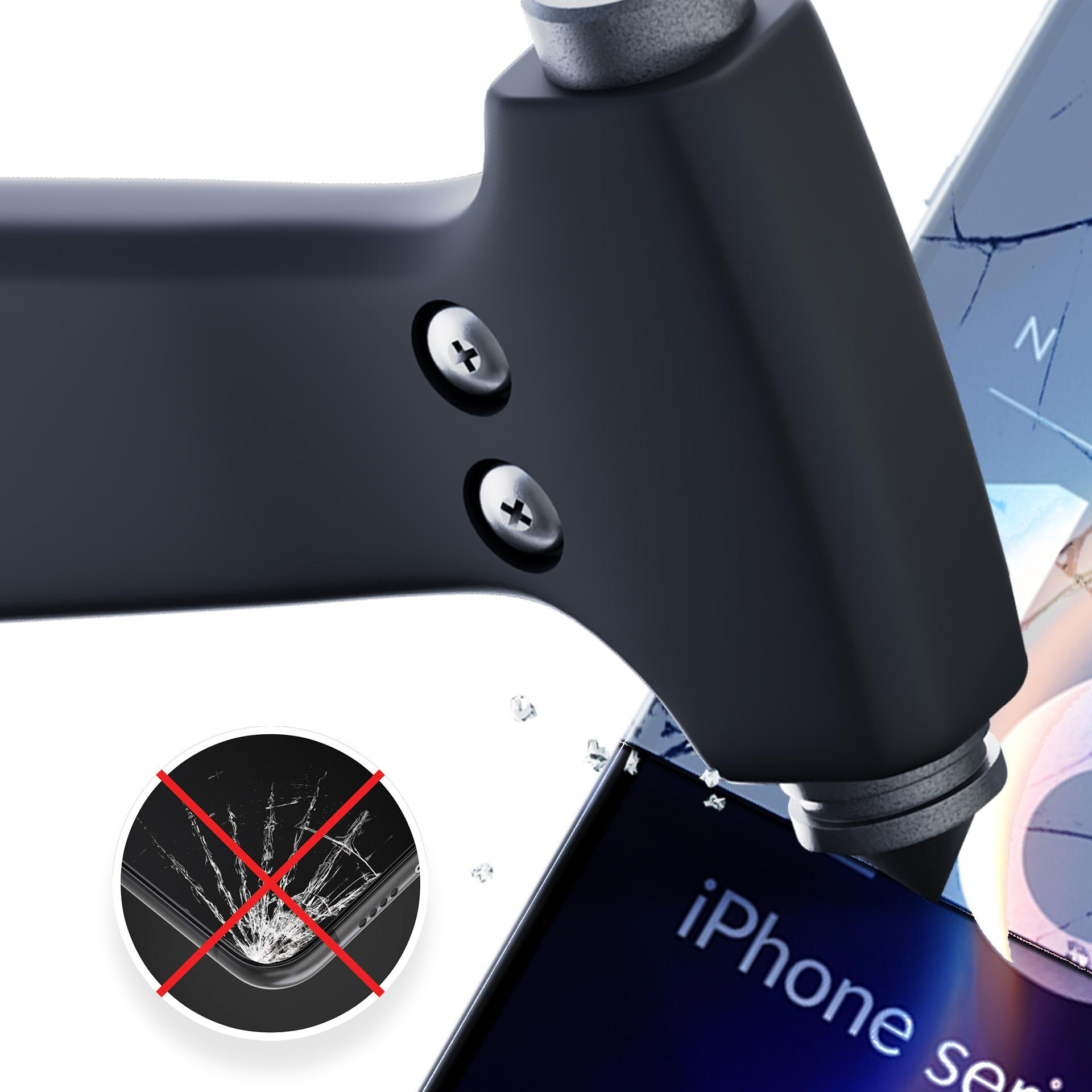 Un martello rompe lo schermo di un iPhone. Lo schermo si sta rompendo. È presente anche un cerchio con un telefono rotto sbarrato.