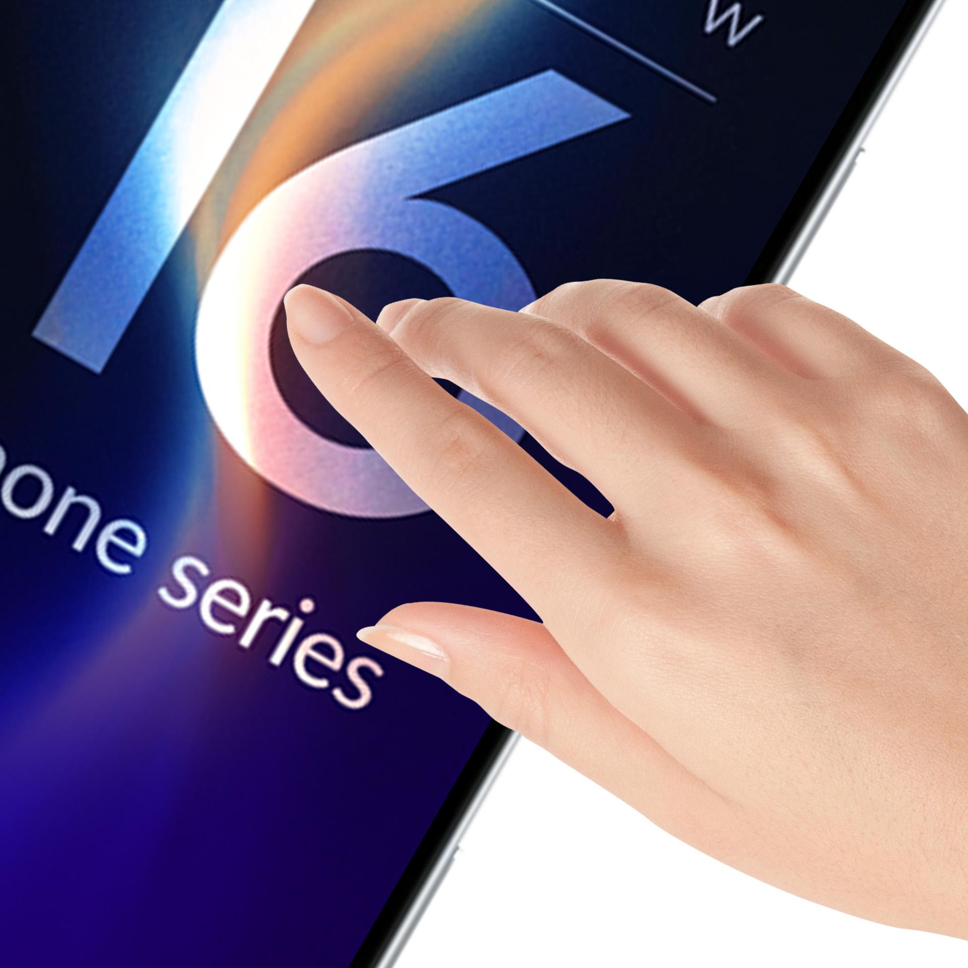 Una mano tocca lo schermo di un telefono con il numero 16. Lo schermo mostra 'one series'.