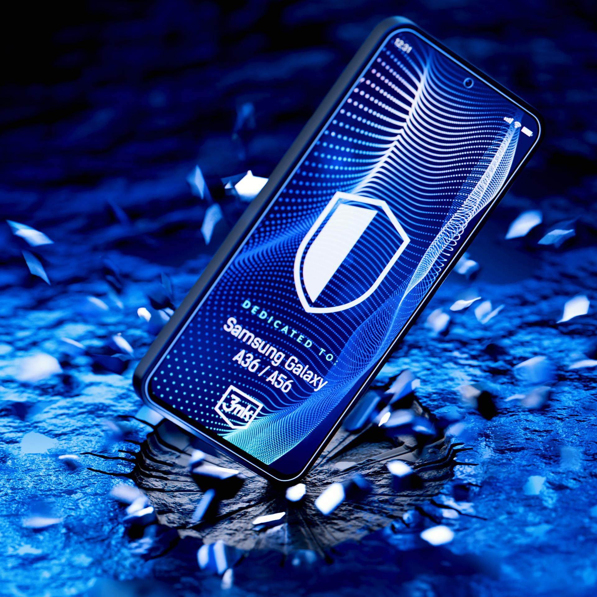 Niebieski telefon z grafiką tarczy niszczy powierzchnię. Widnieje na nim napis „Dedicated to Samsung Galaxy A36/A56”.