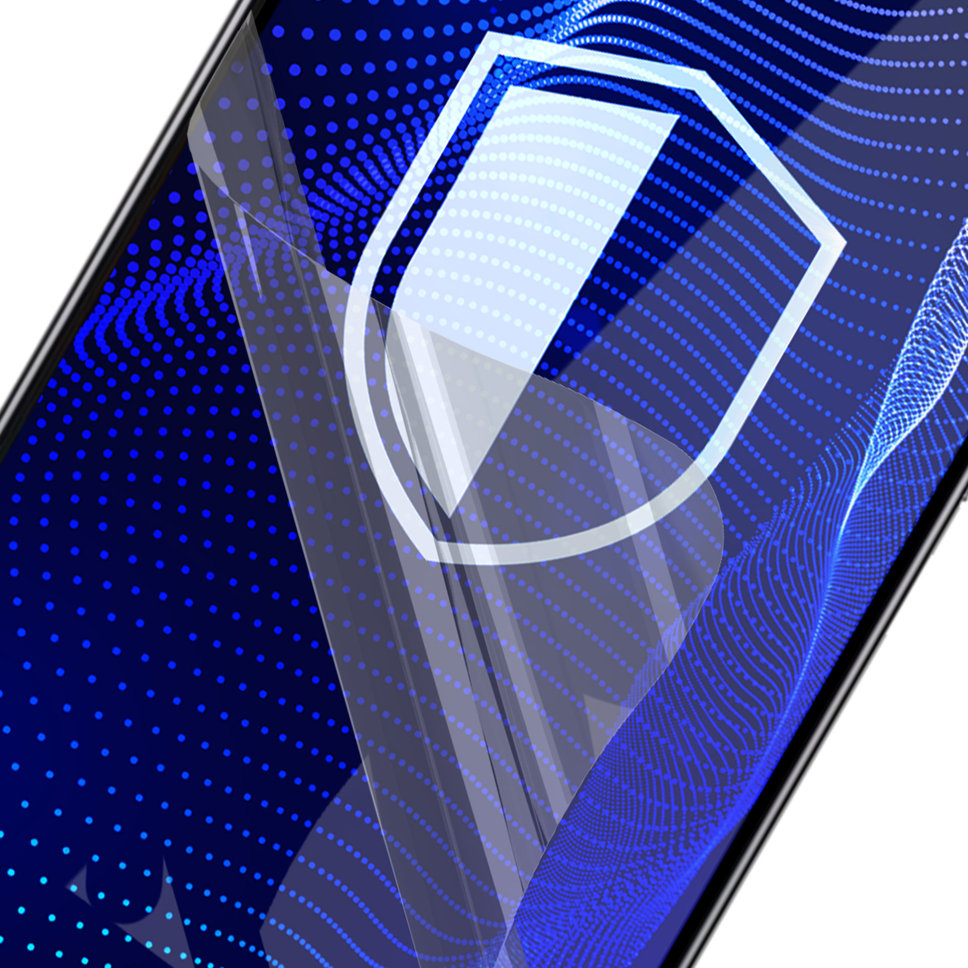 Uno schermo di smartphone mostra un'icona a scudo. Lo sfondo è blu con linee tratteggiate, una protezione per lo schermo si stacca.