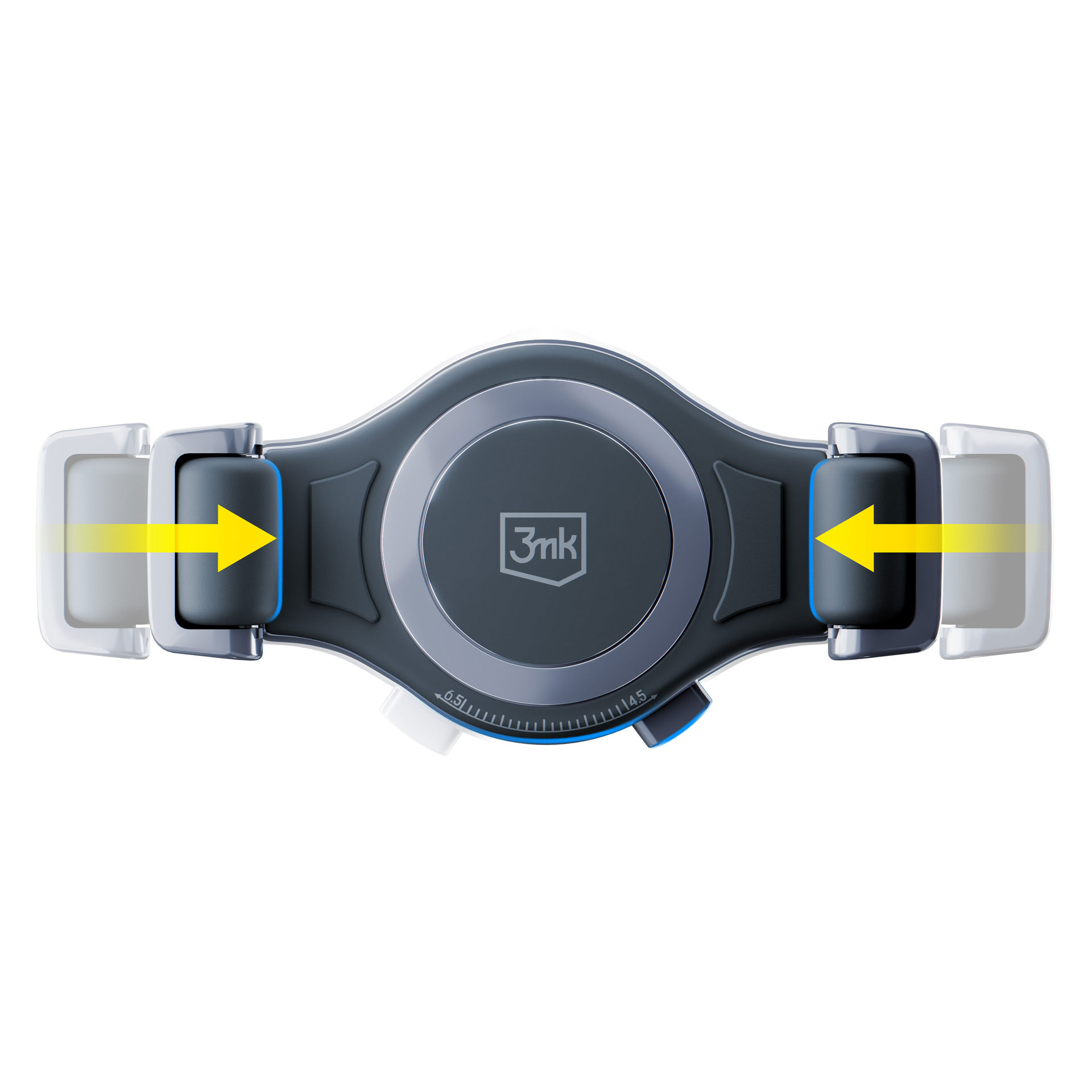 Urządzenie z centralną okrągłą częścią, niebieską tarczą i rozciągającymi się ramionami ze strzałkami.