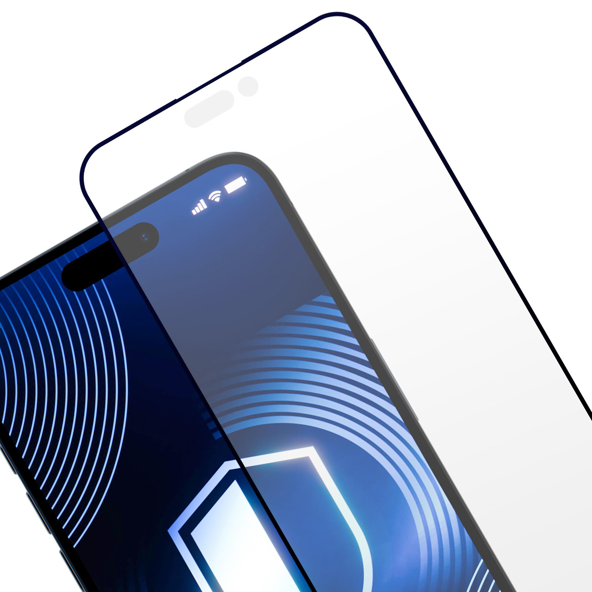 Uno smartphone con una protezione per lo schermo applicata. Il telefono ha uno schermo blu con un design. La protezione è trasparente.