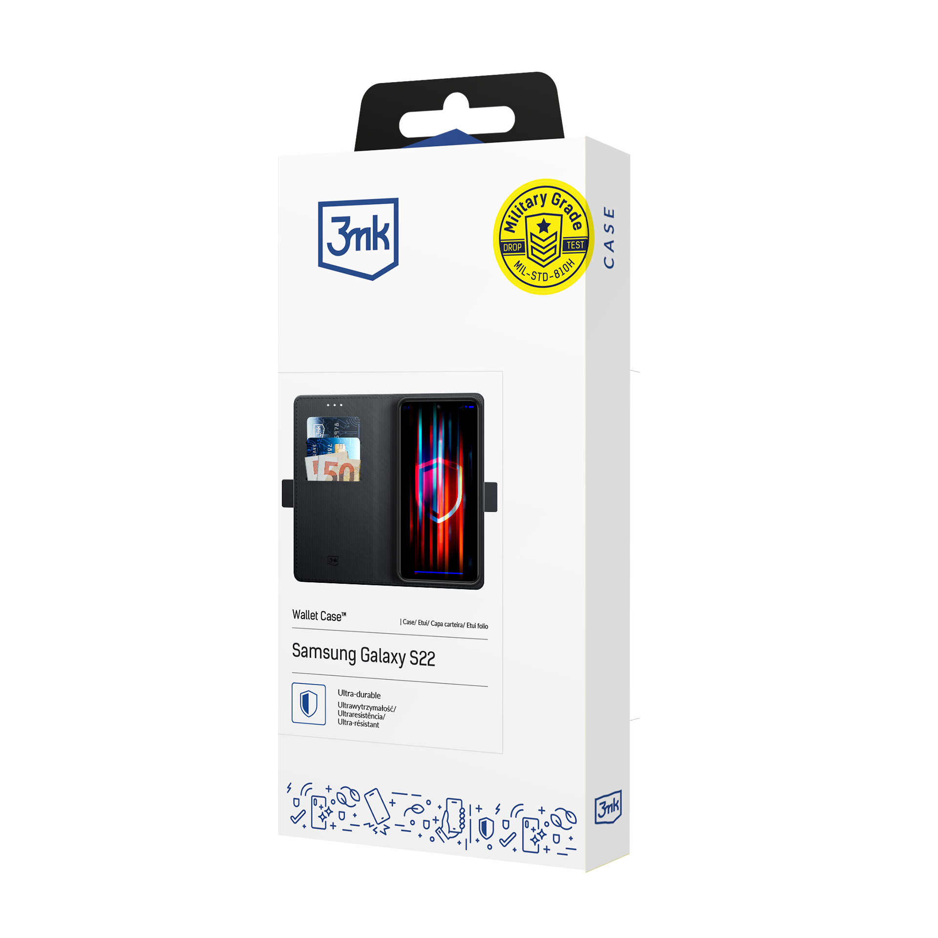 Una scatola bianca con una custodia per un Samsung Galaxy S22. La custodia è nera e lo schermo mostra un motivo colorato.