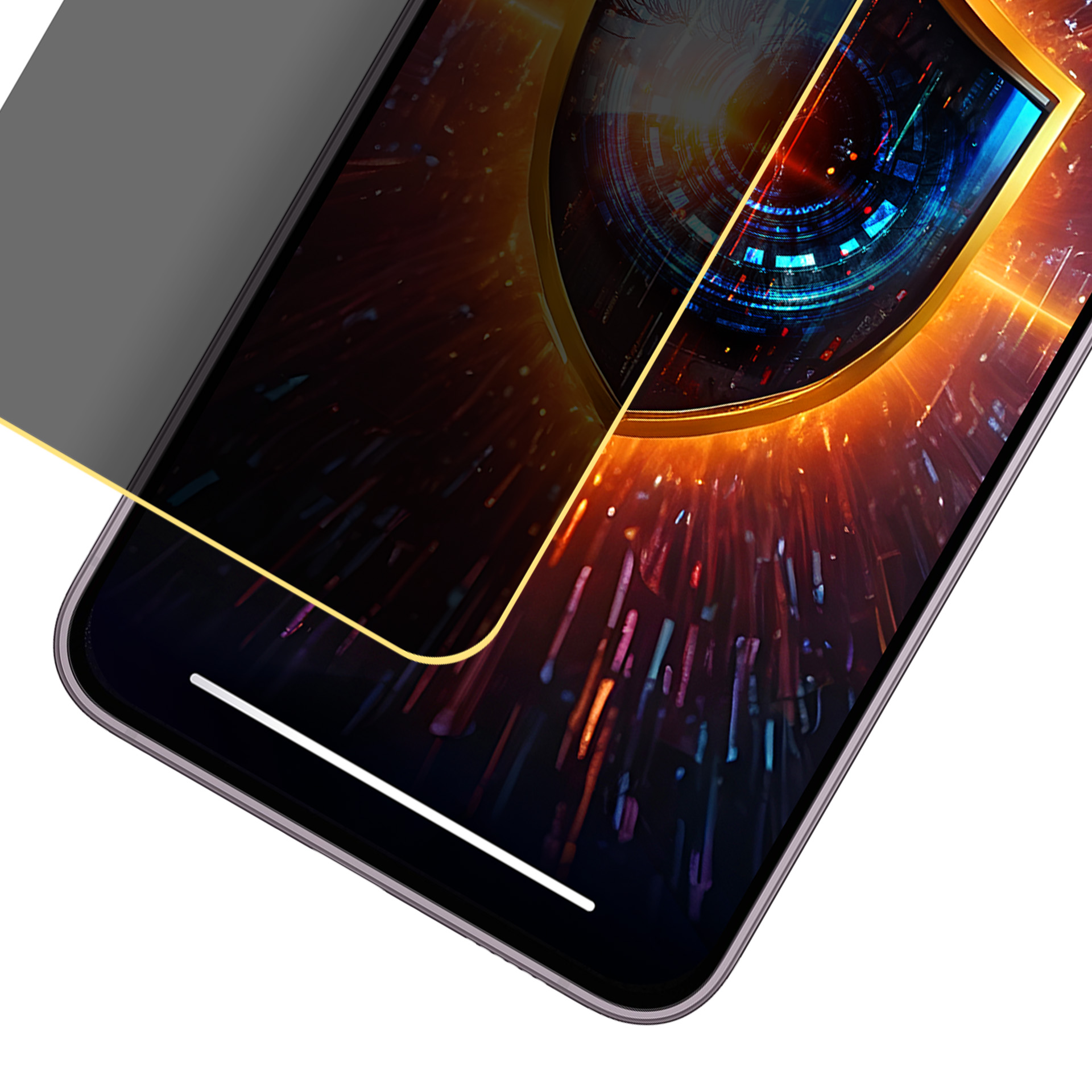 Ekran smartfona wyświetlający cyfrowy obraz oka. Telefon jest pod kątem, ze złotą ramką i szarą osłoną.