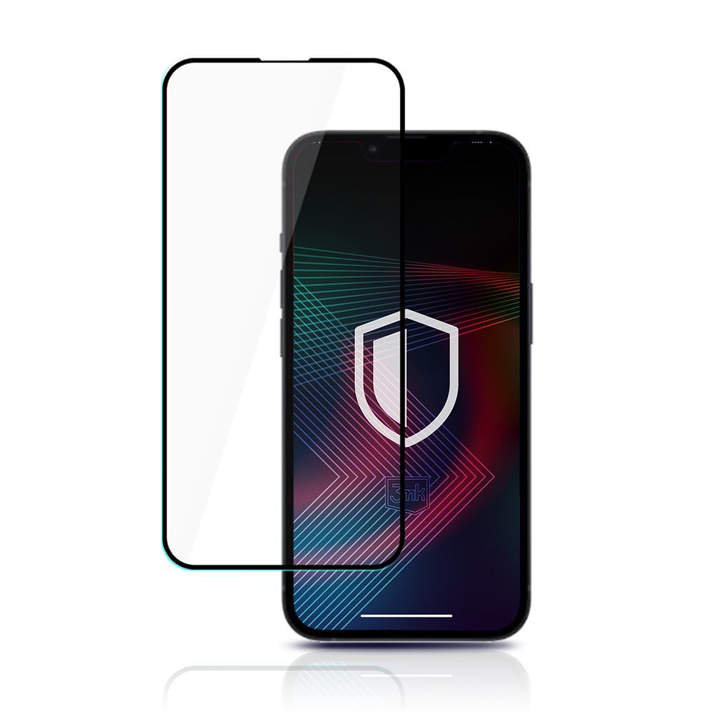 Uno smartphone con protezione schermo. Il telefono mostra un logo a scudo. La protezione è a sinistra, trasparente.